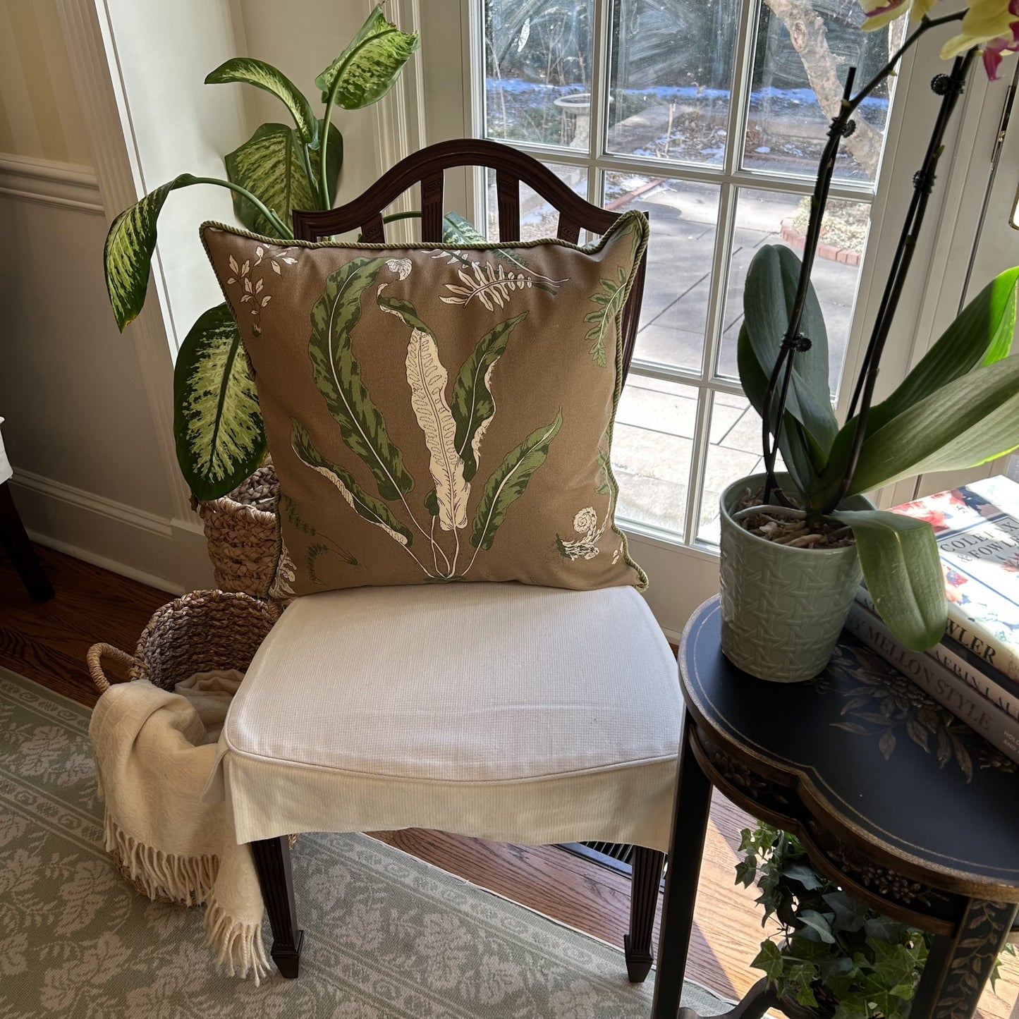 Miss De Wolfe in the Conservatory Iconic Scalamandre Cocoa 22 x22 Designer Pillow with Down Feather Insert