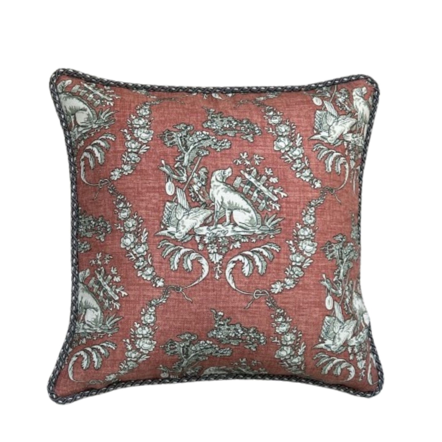 Hunting Toile Brunschwig Brick Red 16 x 16 Decorative Pillow with Down Feather Insert