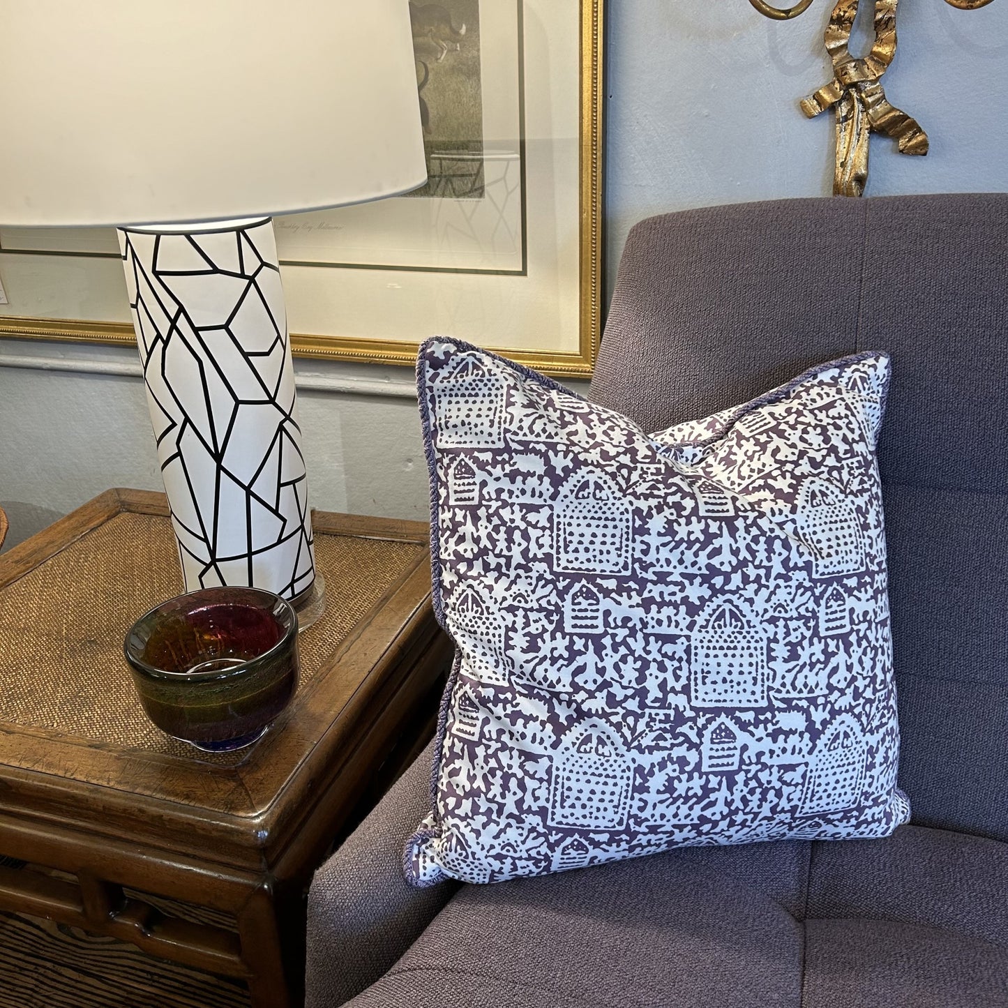 Pradesh Plum Hand Screened 19 x 19 Designer Pillow with Down Feather Insert