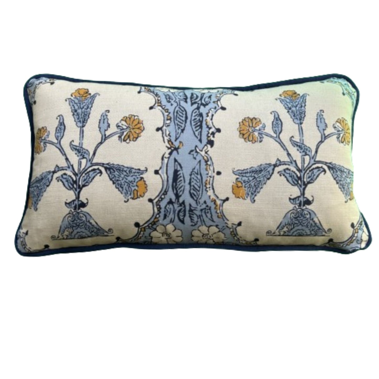 Robshaw Sunati Marigold Lapis Blue Block Print Decorative 14 x 24 Rectangle Pillow with Down Feather Insert