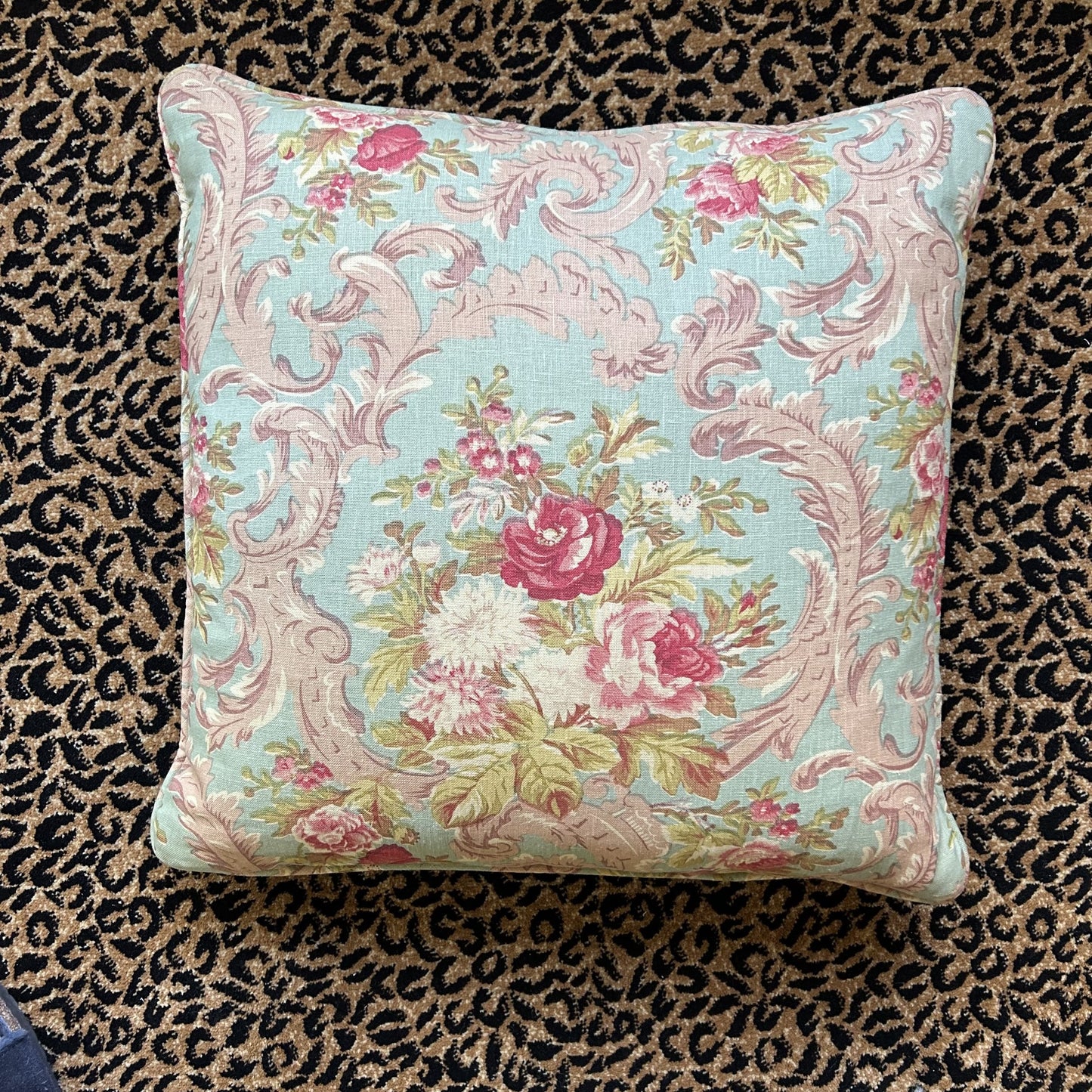 Wynwood Hand Printed Aqua Cottage Floral with Check Square 18 x 18 Decorative Pillow with Down Feather Insert