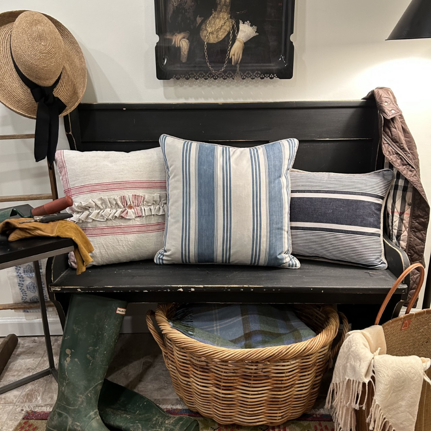 Antique Denim Blue Ticking Stripe 19x19 Decorative Pillow with Down Feather Insert
