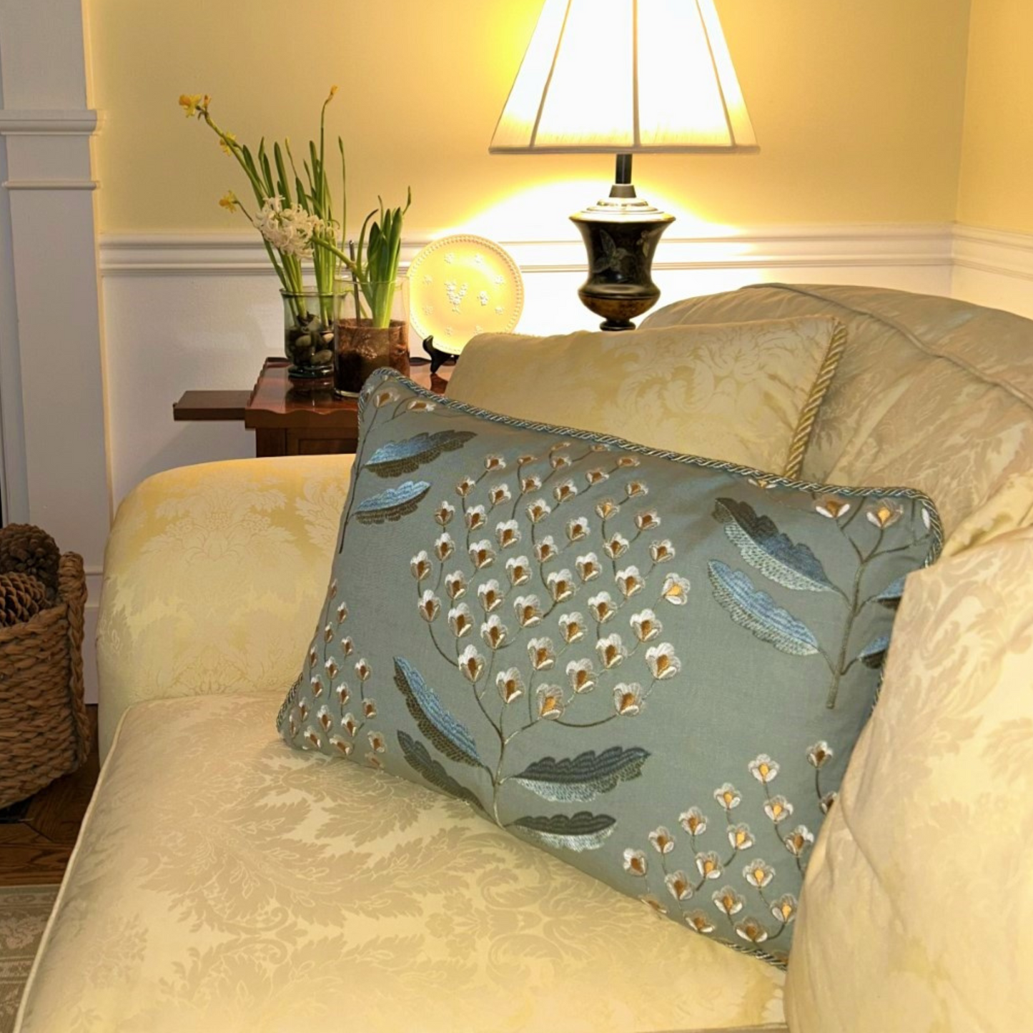 Bellis Fern Embroidery for British National Trust 14 x 20 Decorative Pillow with Down Feather Insert
