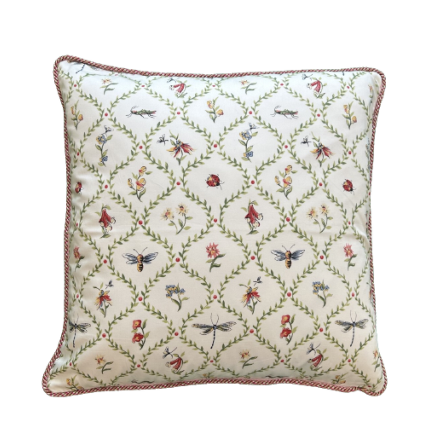 Charming Pink and Green Garden Bugs 24 x 24 Square Designer Pillow Front with Down Feather Insert