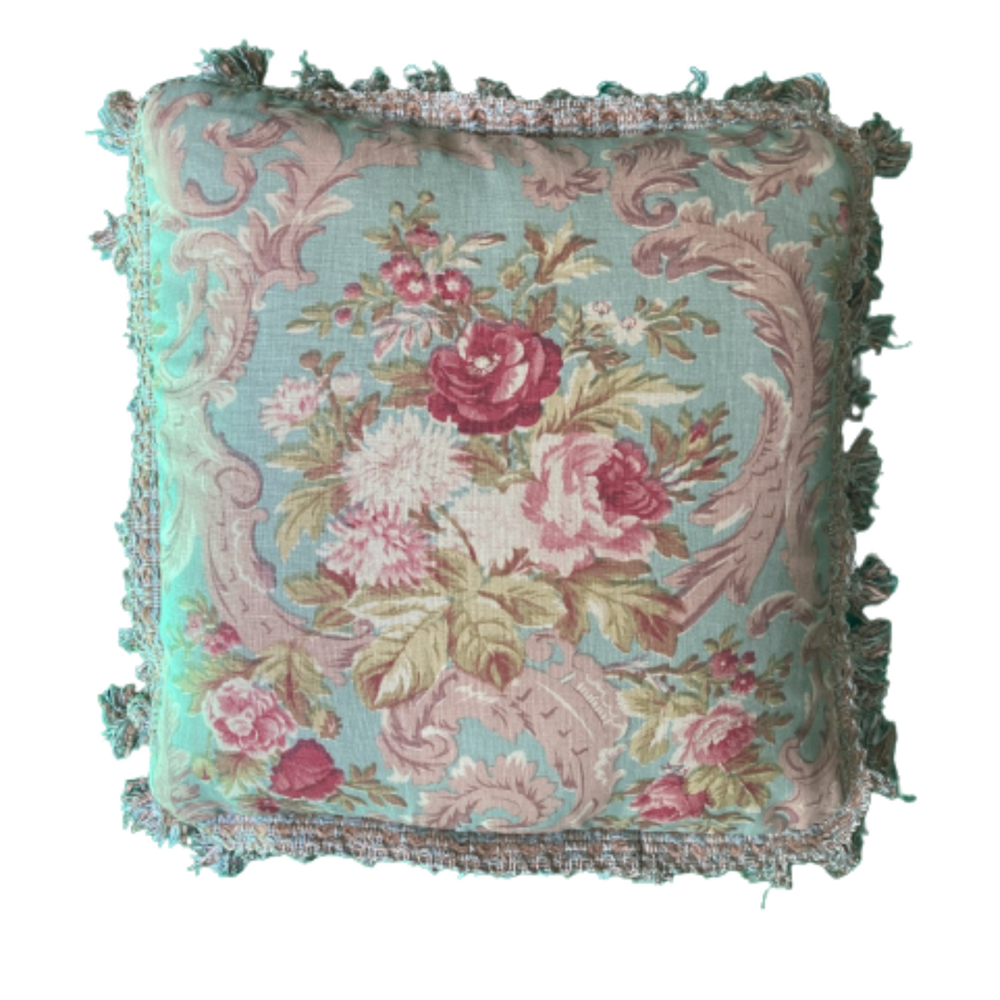 Vintage Old World Hand Printed Roses 16 X 16 Square Designer Pillow with Down Feather Insert