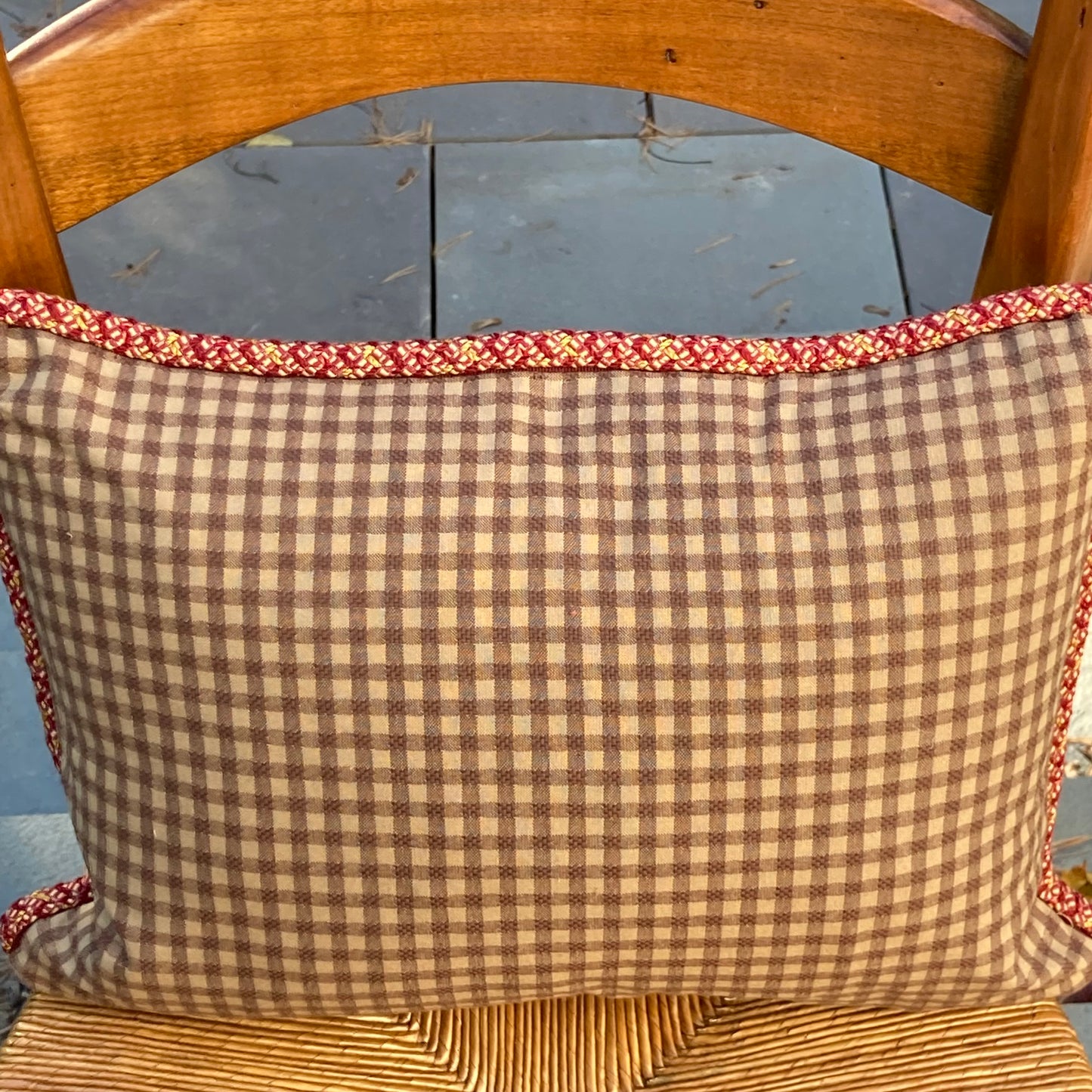 Two French Roosters Pillow Back Toile in Mustard with Brown Gingham 12 X 16 Rectangle Designer Throw Pillow with Down Feather Insert
