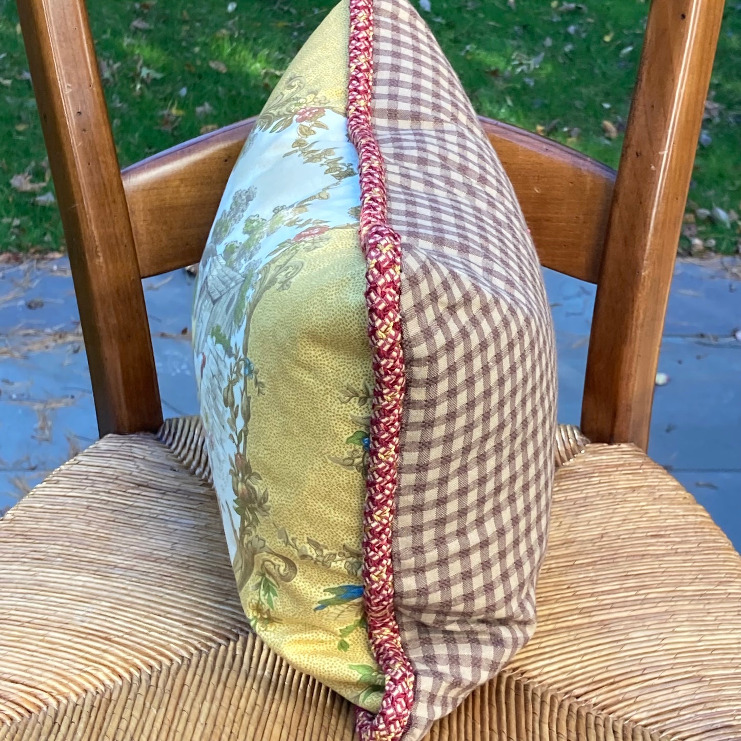 Two French Roosters Pillow Side Toile in Mustard with Brown Gingham 12 X 16 Rectangle Designer Throw Pillow with Down Feather Insert
