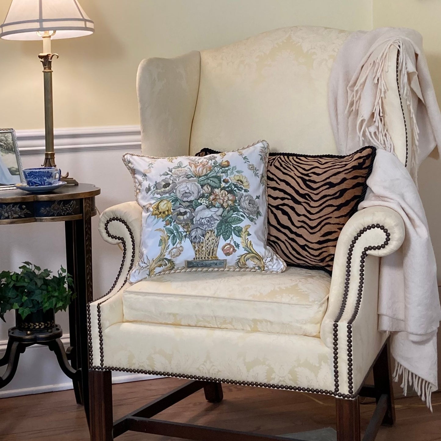 Schumacher Airlie Garden Urn Bouquet in Chintz with Lattice 17 x 17 Square Pillow on Chair with Down Feather Insert