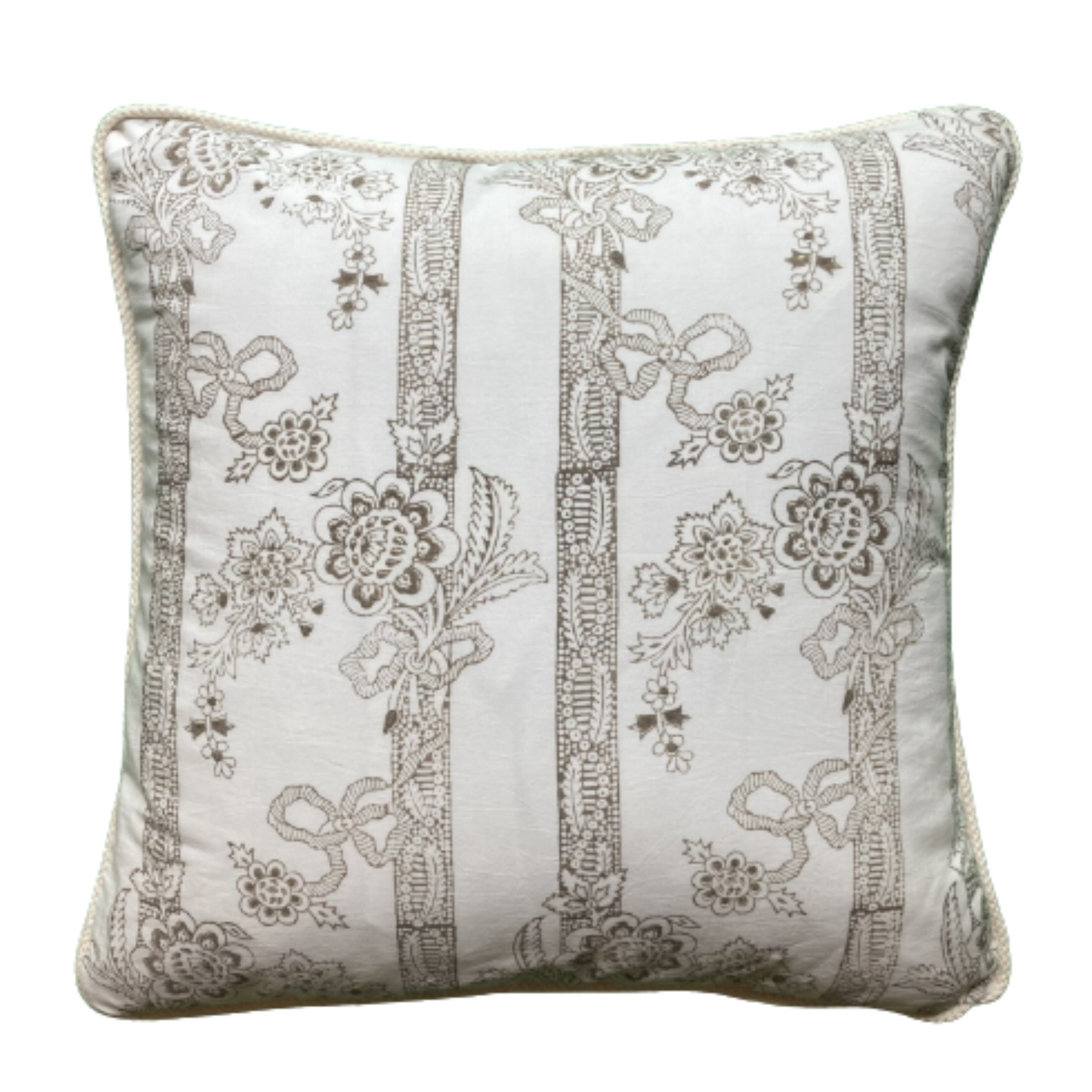 Ribbon Hand Block Taupe Print Indiennes Pillow 20 X 20 Square Decorative Pillow with Down Feather Insert