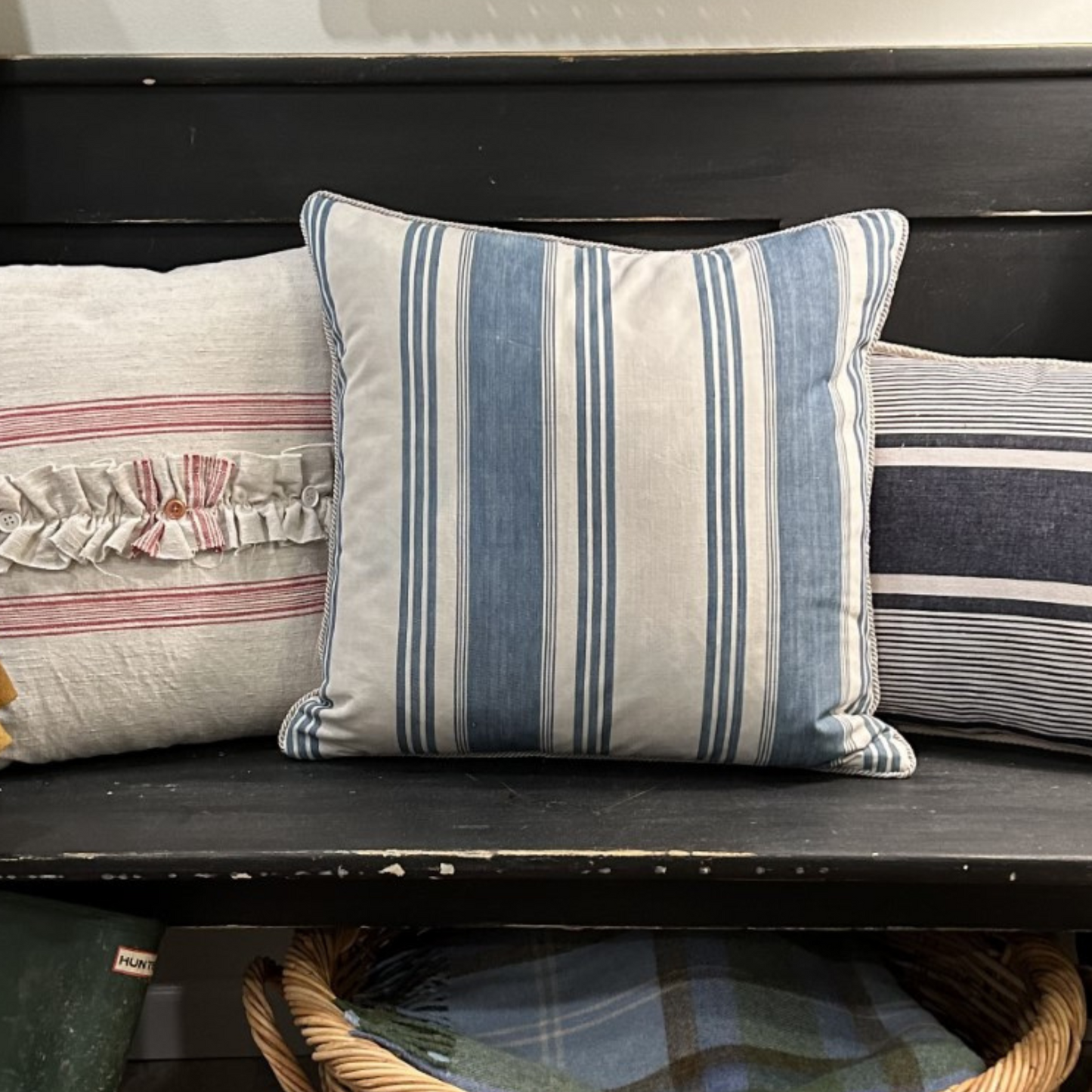 Antique Denim Blue Ticking Stripe 19x19 Decorative Pillow with Down Feather Insert