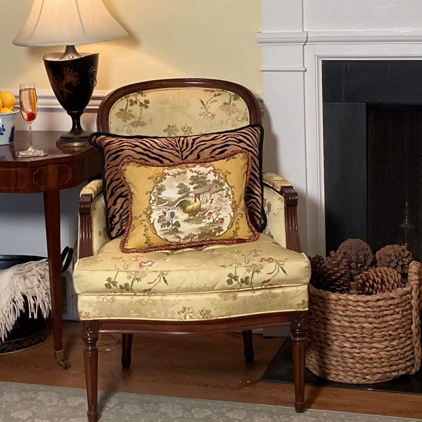 Two French Roosters Pillow Corner Toile in Mustard with Brown Gingham 12 X 16 Rectangle Designer Throw Pillow on Chair with Down Feather Insert