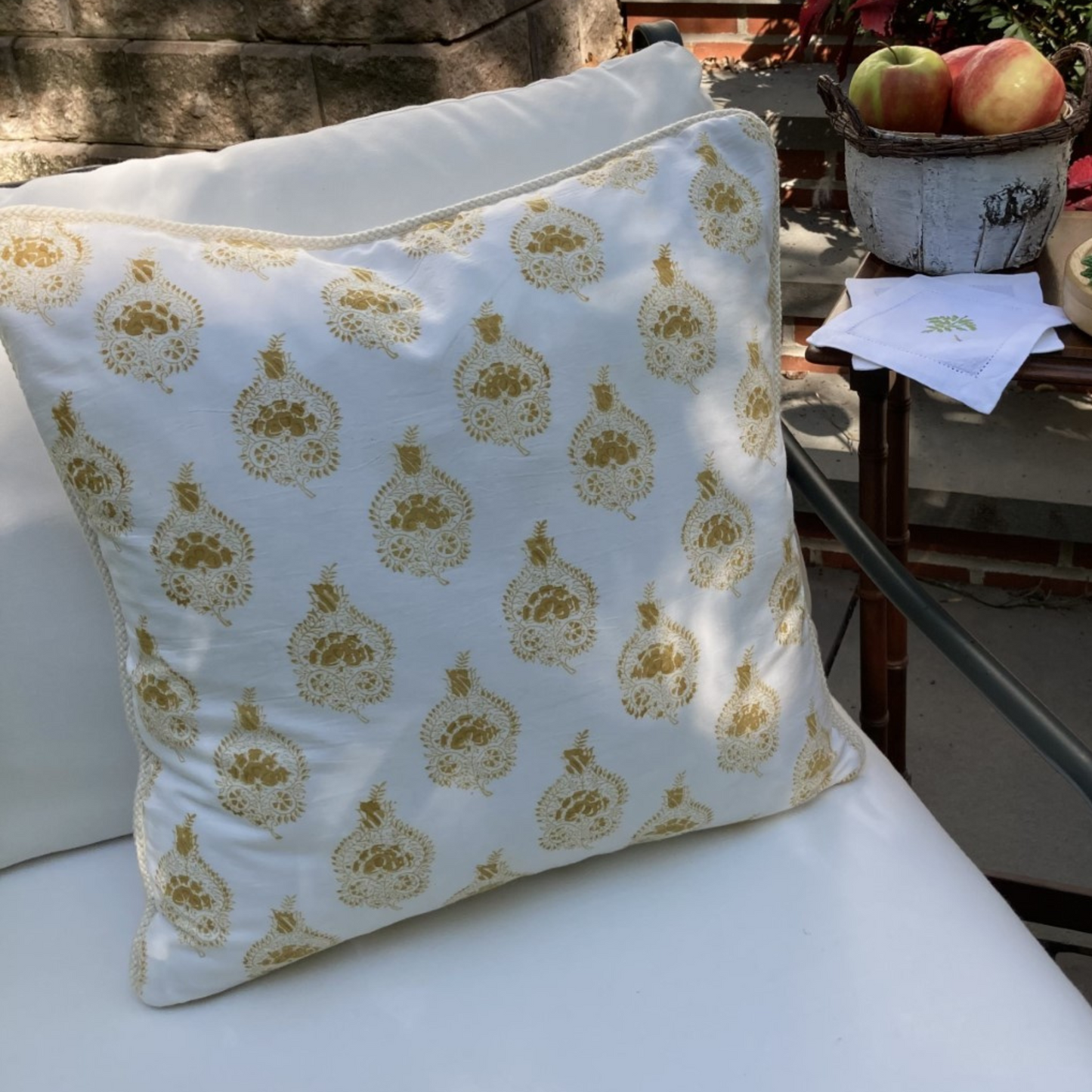 Pomegranate Hand Block Dijon Yellow Print Indiennes Pillow 20 X 20 Square Decorative Pillow with Down Feather Insert