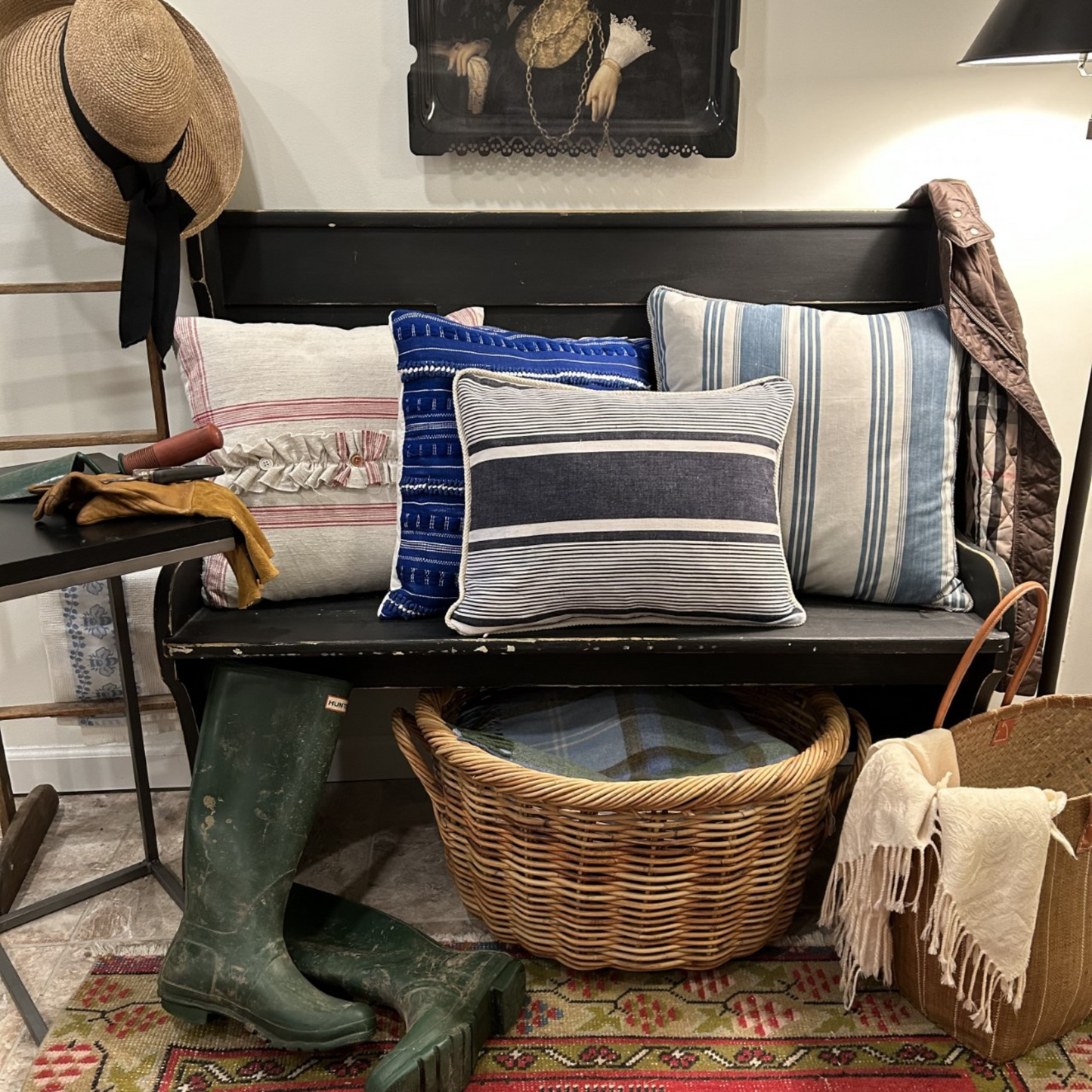 Antique Charcoal Blue Ticking Stripe 14x18 Decorative Pillow with Down Feather Insert