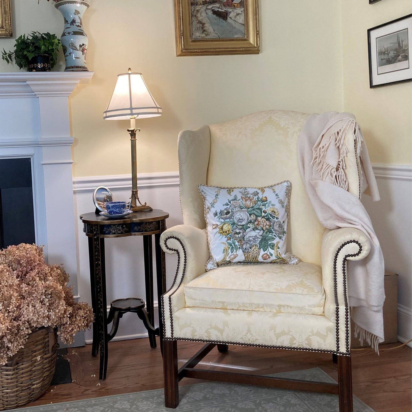Schumacher Airlie Garden Urn Bouquet in Chintz with Lattice 17 x 17 Square Pillow on chair with Down Feather Insert