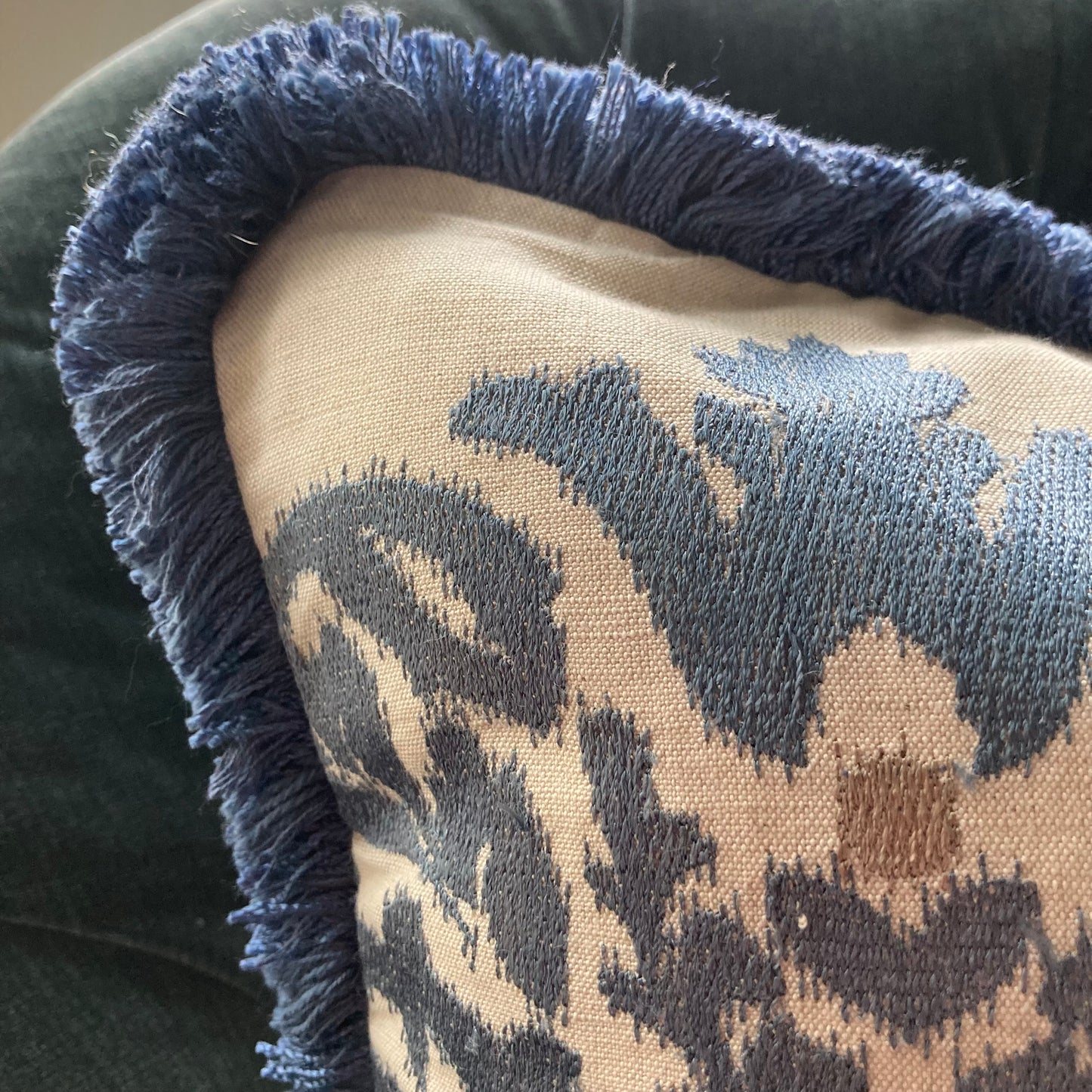 Amara Lapis Blue Medallions Linen 16 x 16 Square Designer Pillow Fringe with Down Feather Insert