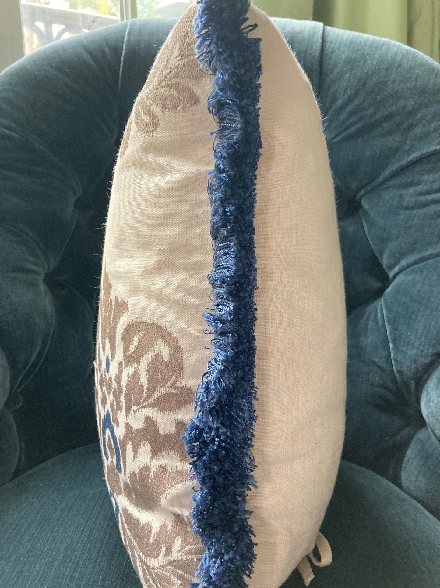Amara Lapis Blue Medallions Linen 16 x 16 Square Designer Pillow Side with Down Feather Insert