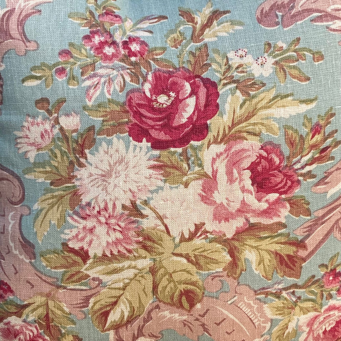 Vintage Old World Hand Printed Roses 16 X 16 Square Designer Pillow with Down Feather Insert