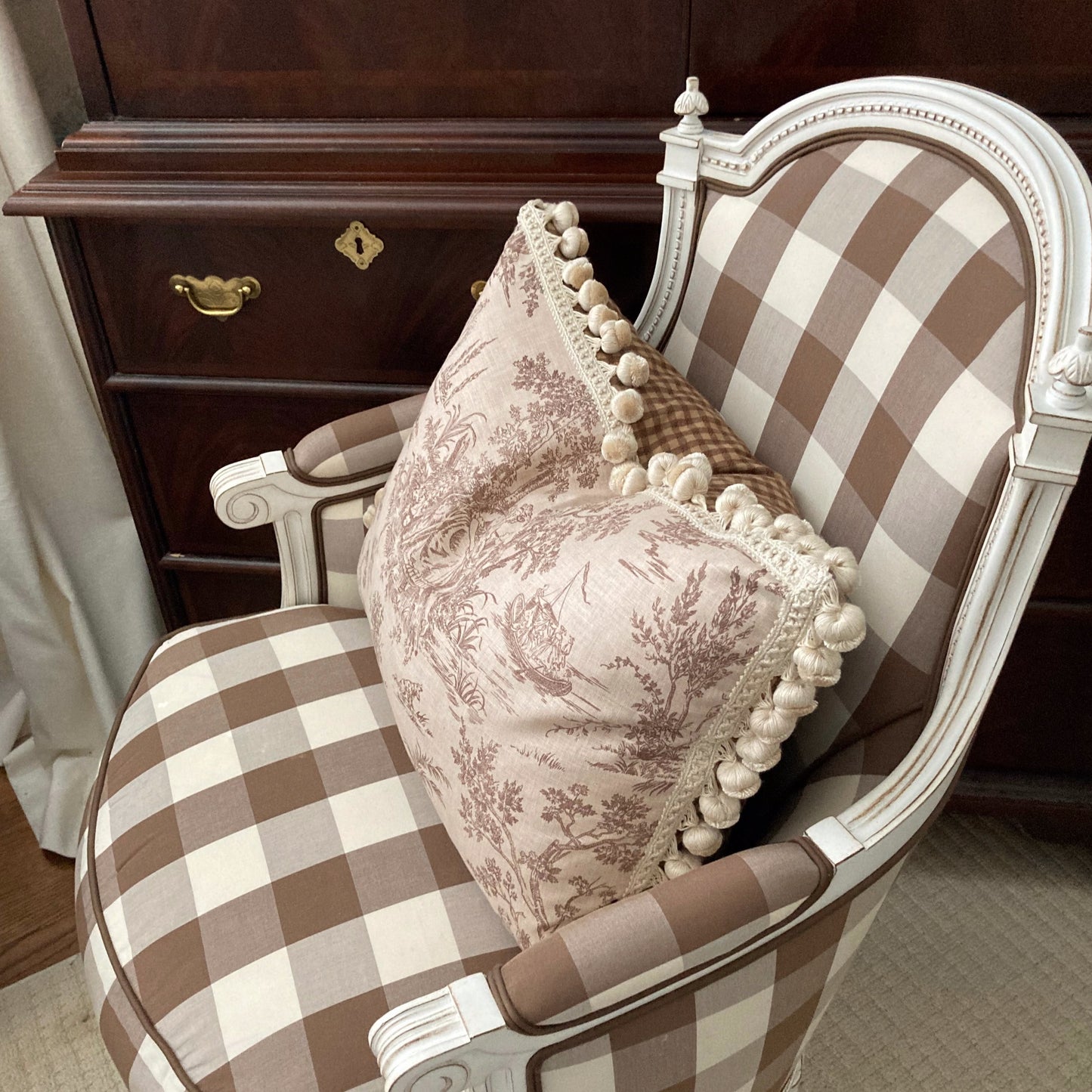 Garden Romance Hand Printed Cocoa Toile 16 x 22 Rectangle Lumbar Designer Pillow with Down Feather Insert