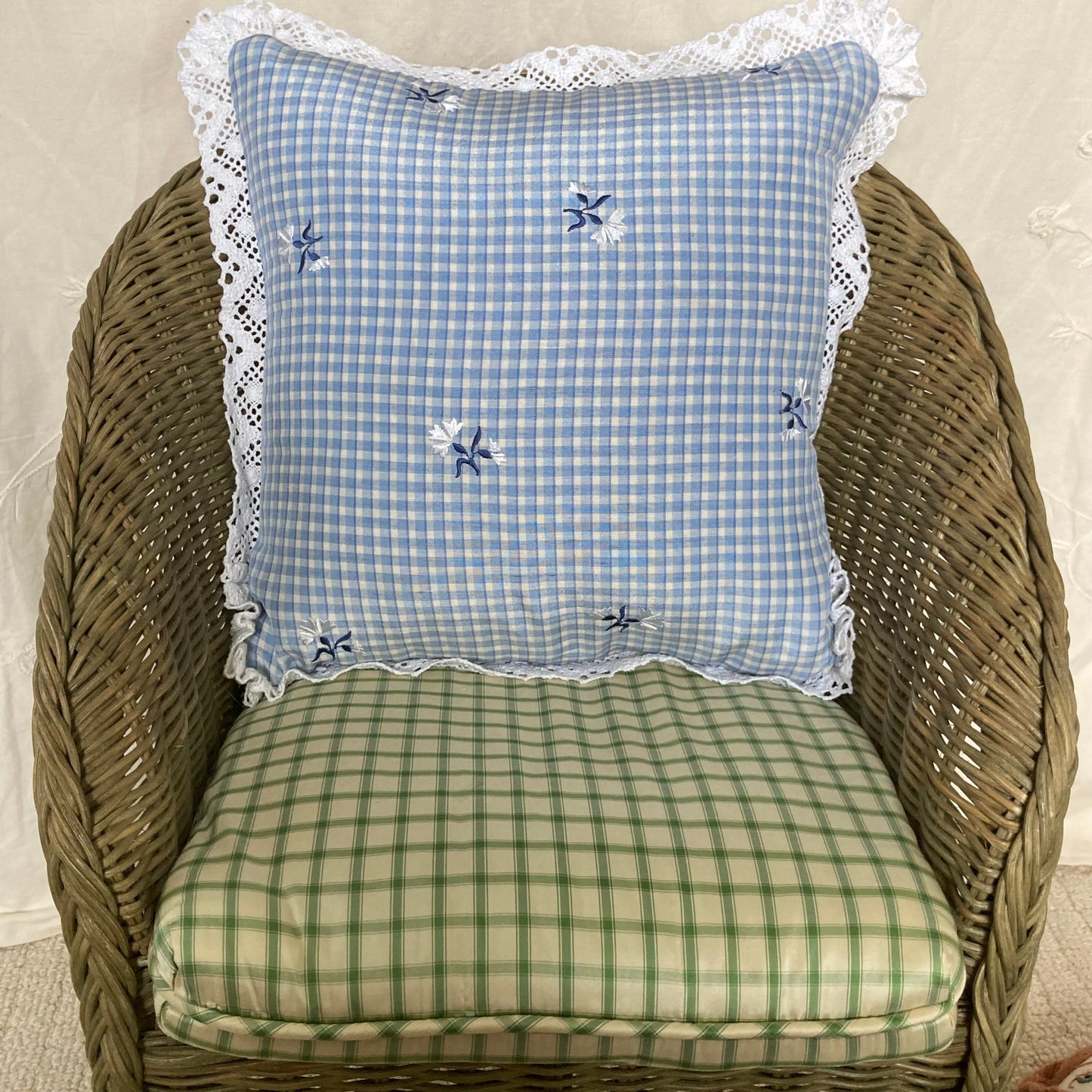 Nursery Rhymes Gingham Blue 13 x 13 Square Decorative Pillow Detail with Down Feather Insert