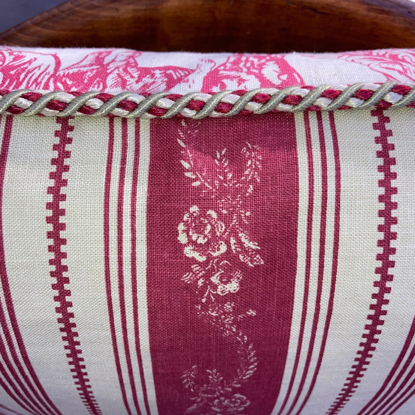 Vintage Country Hand Printed Paprika Red Toile Square 20 x 20 Pillow Detail with Down Feather Insert
