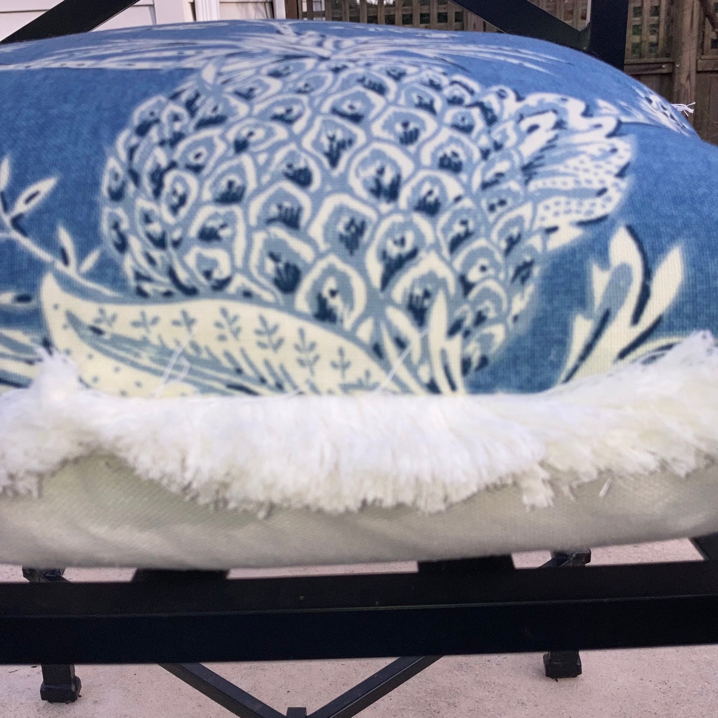 Bienvenue Tropical on Faded Denim Designer Pillow 21 X 21 Square Side Detail with Down Feather Insert
