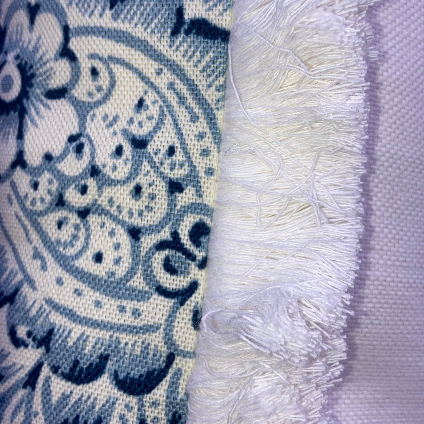 Bienvenue Tropical on Faded Denim Designer Pillow Fringe 21 X 21 Square with Down Feather Insert