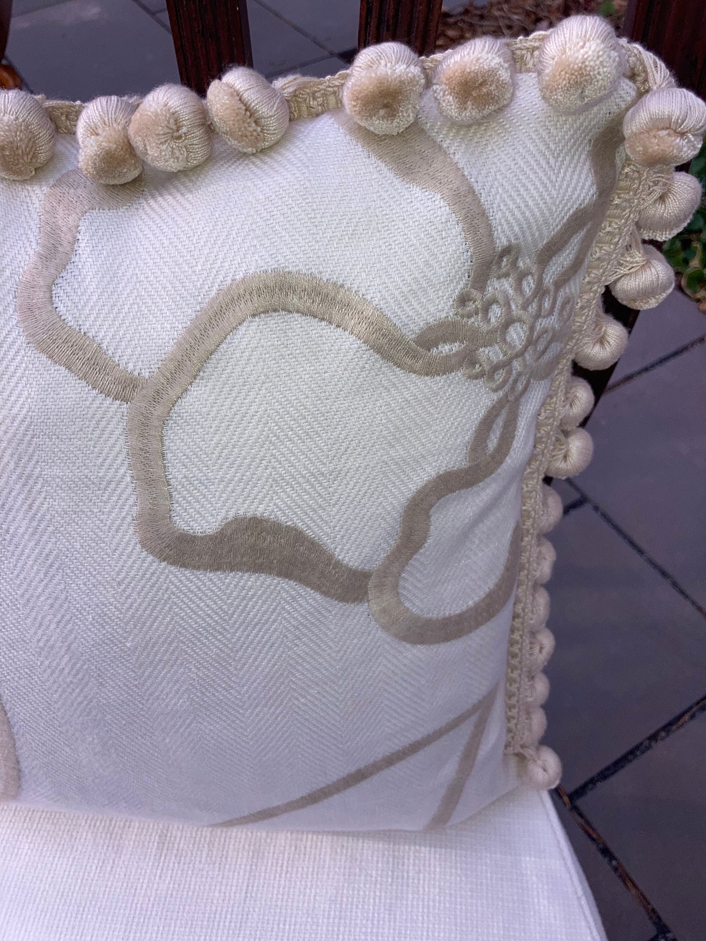 Flore Embroidered Contemporary Neutral 16 X 16 Square Designer Manuel Canovas Pillow Detail with Down Feather