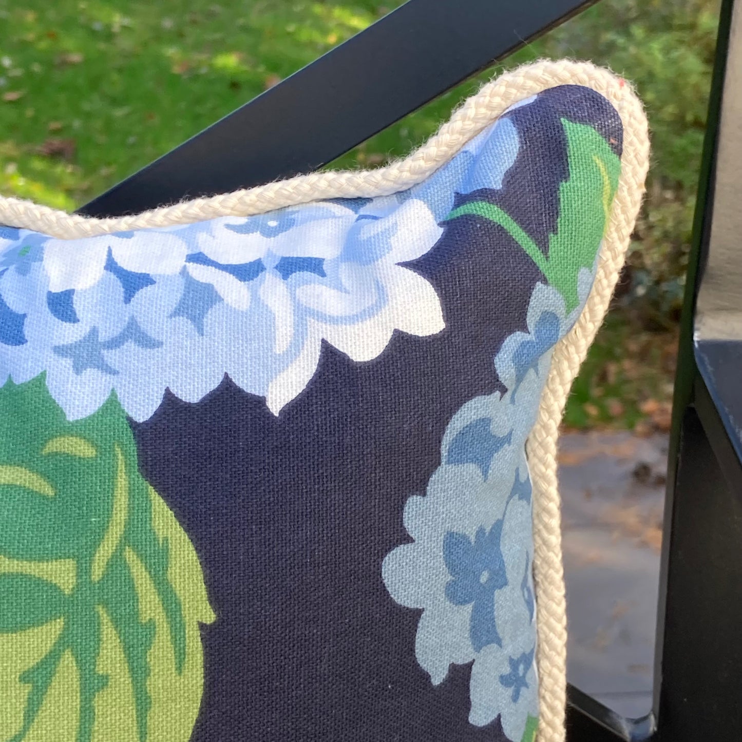 Summer Wind Midnight Hydrangea and Toile 16 X 16 Square Designer Pillow Rope with Down Feather Insert