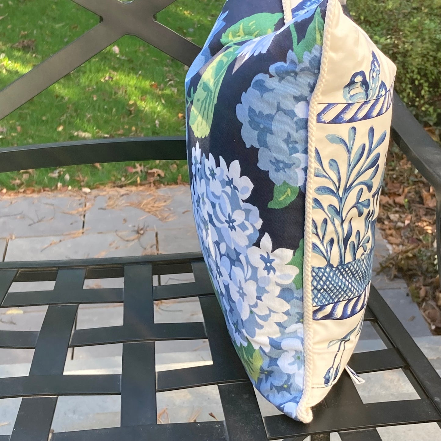 Summer Wind Midnight Hydrangea and Toile 16 X 16 Square Designer Pillow Sides with Down Feather Insert