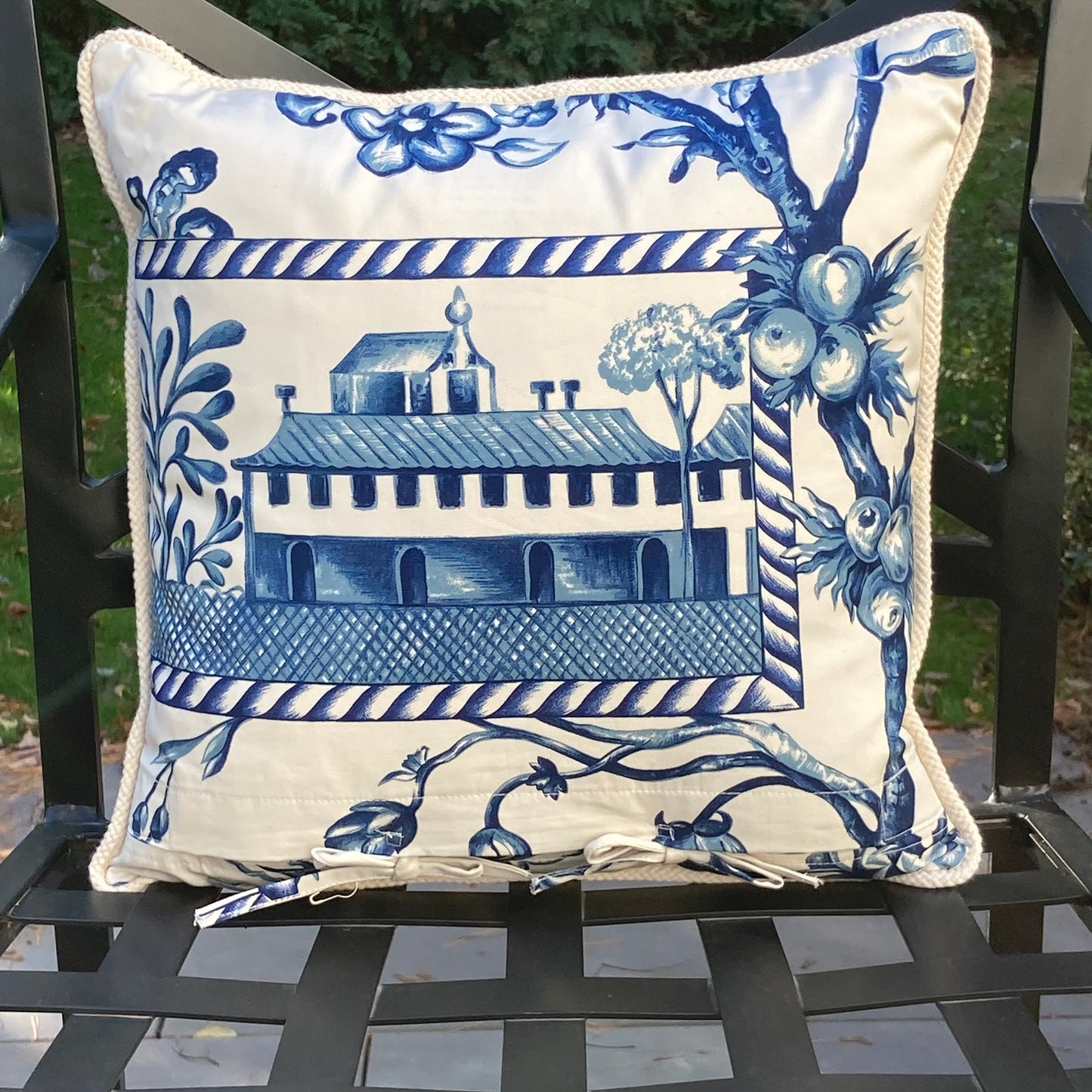 Summer Wind Midnight Hydrangea and Toile 16 X 16 Square Designer Pillow Toile Back with Down Feather Insert
