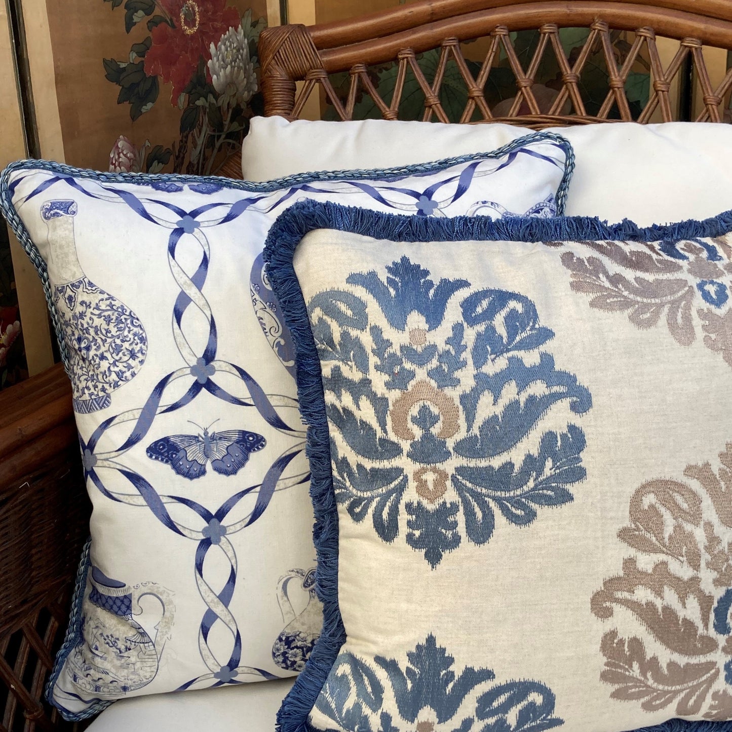 Amara Lapis Blue Medallions Linen 16 x 16 Square Designer Pillow on Chair