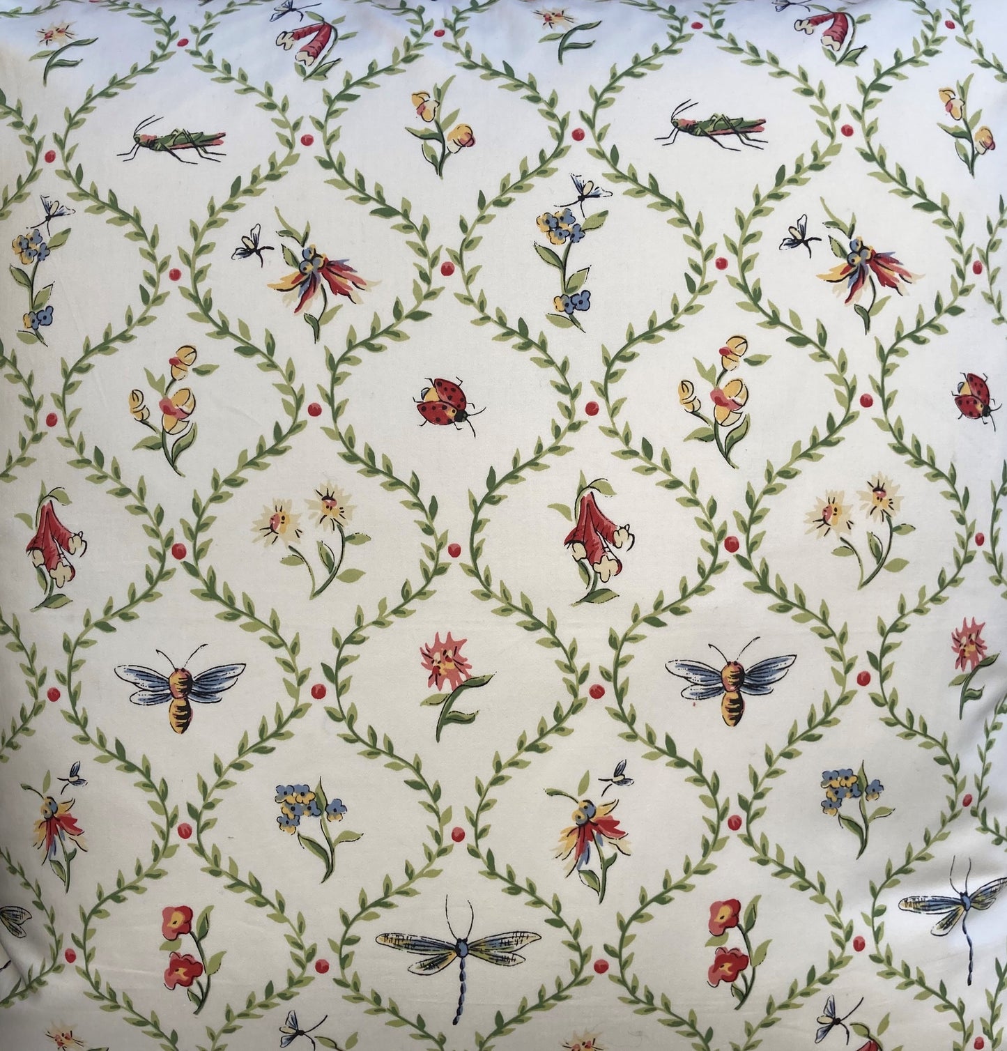 Charming Pink and Green Garden Bugs 24 x 24 Square Designer Pillow Front with Down Feather Insert