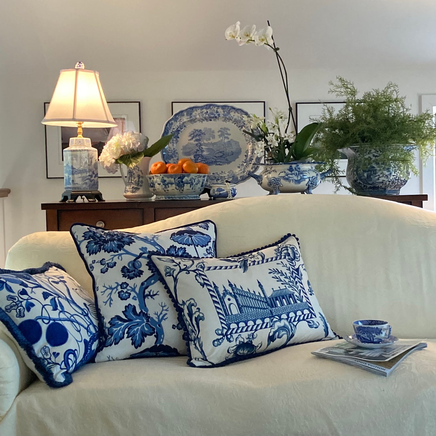 Paradise Chinoiserie Blue & White Toile 20 x 20 Square Decorative Pillow with Down Feather Insert
