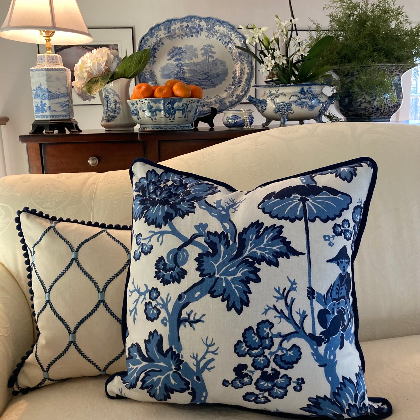 Paradise Chinoiserie Blue & White Toile 20 x 20 Square Decorative Pillow with Down Feather Insert
