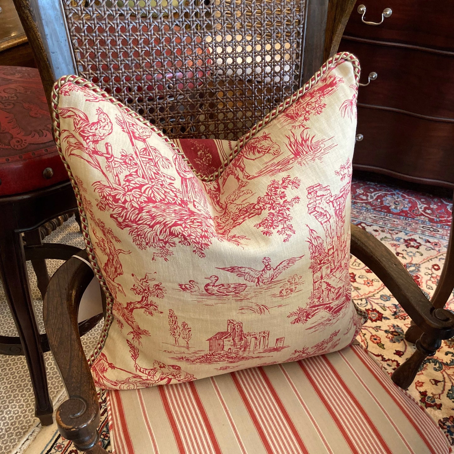 Vintage Country Hand Printed Paprika Red Toile Square 20 x 20 Pillow Front with Down Feather Insert