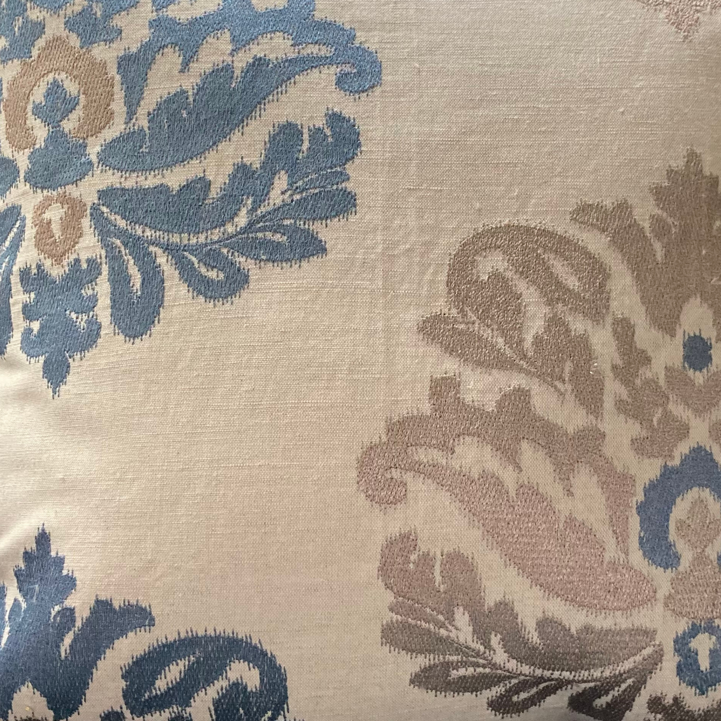 Amara Lapis Blue Medallions Linen 16 x 16 Square Designer Pillow with Down Feather Insert