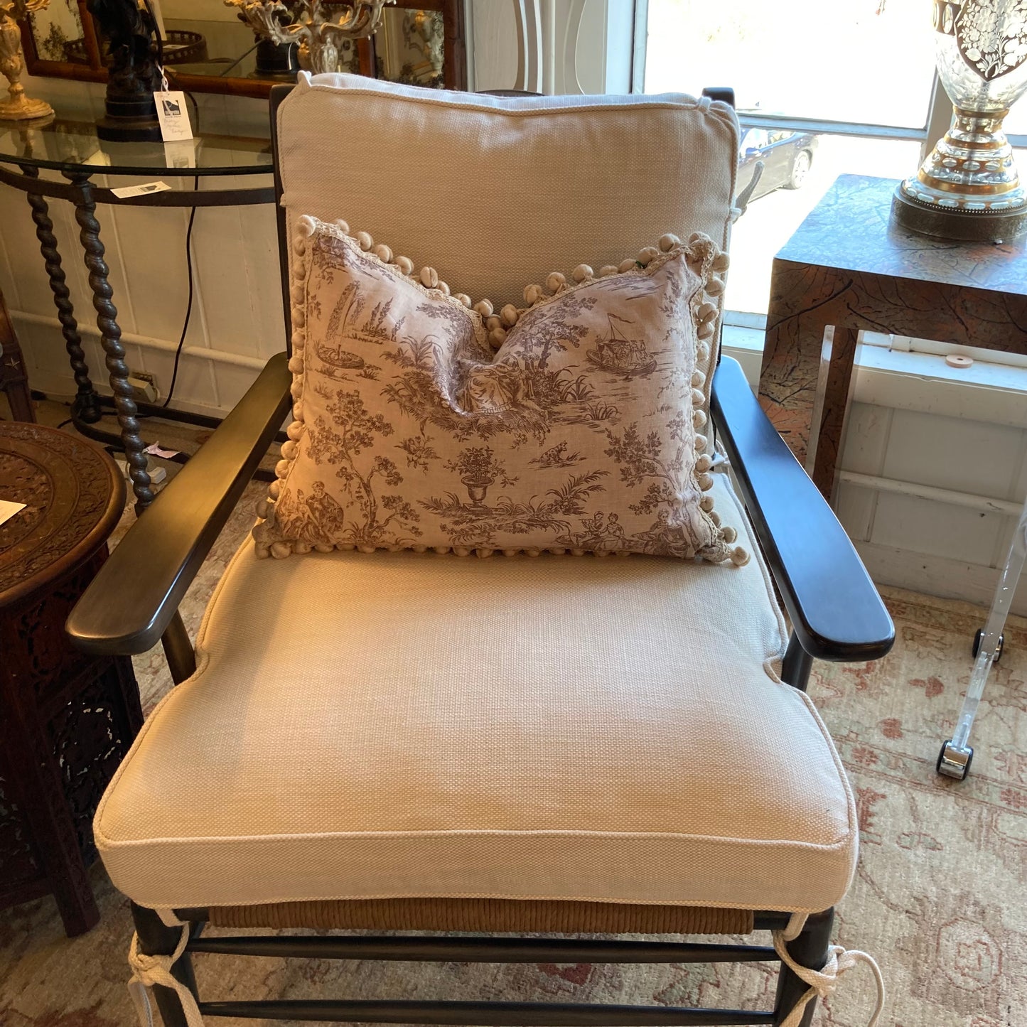 Garden Romance Hand Printed Cocoa Toile 16 x 22 Rectangle Lumbar Designer Pillow with Down Feather Insert