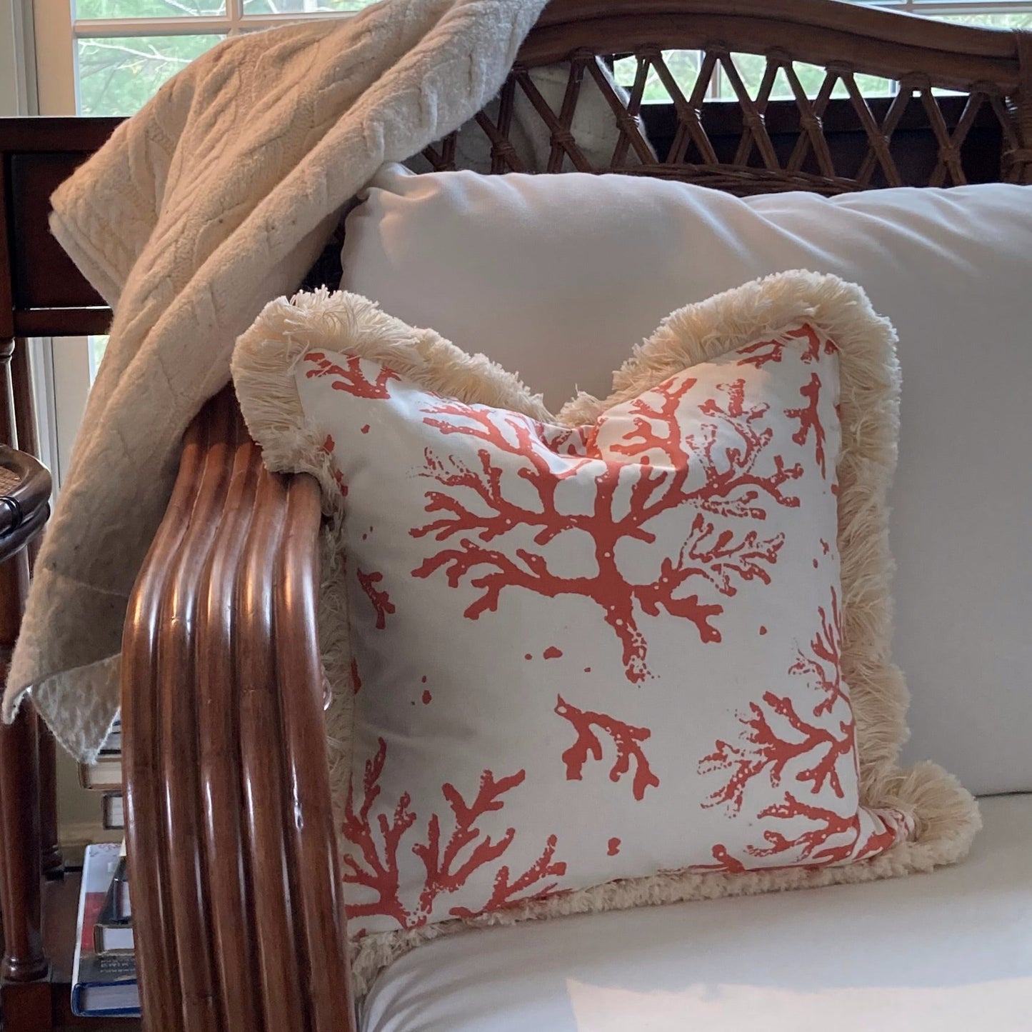 Dramatic Natural Coral Italian Cotton Print 16 x 16 Designer Pillow with Down Feather Insert