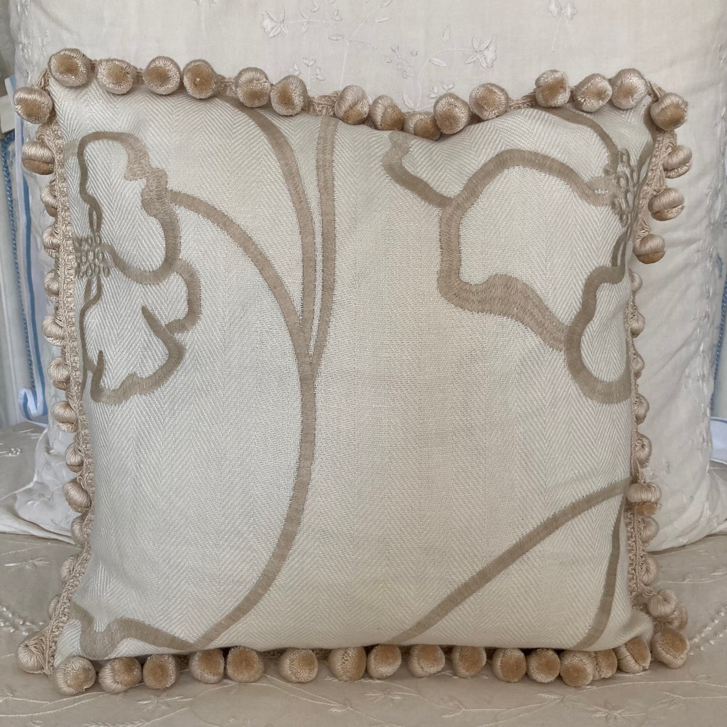 Flore Embroidered Contemporary Neutral 16 X 16 Square Designer Manuel Canovas Pillow Front with Down Feather