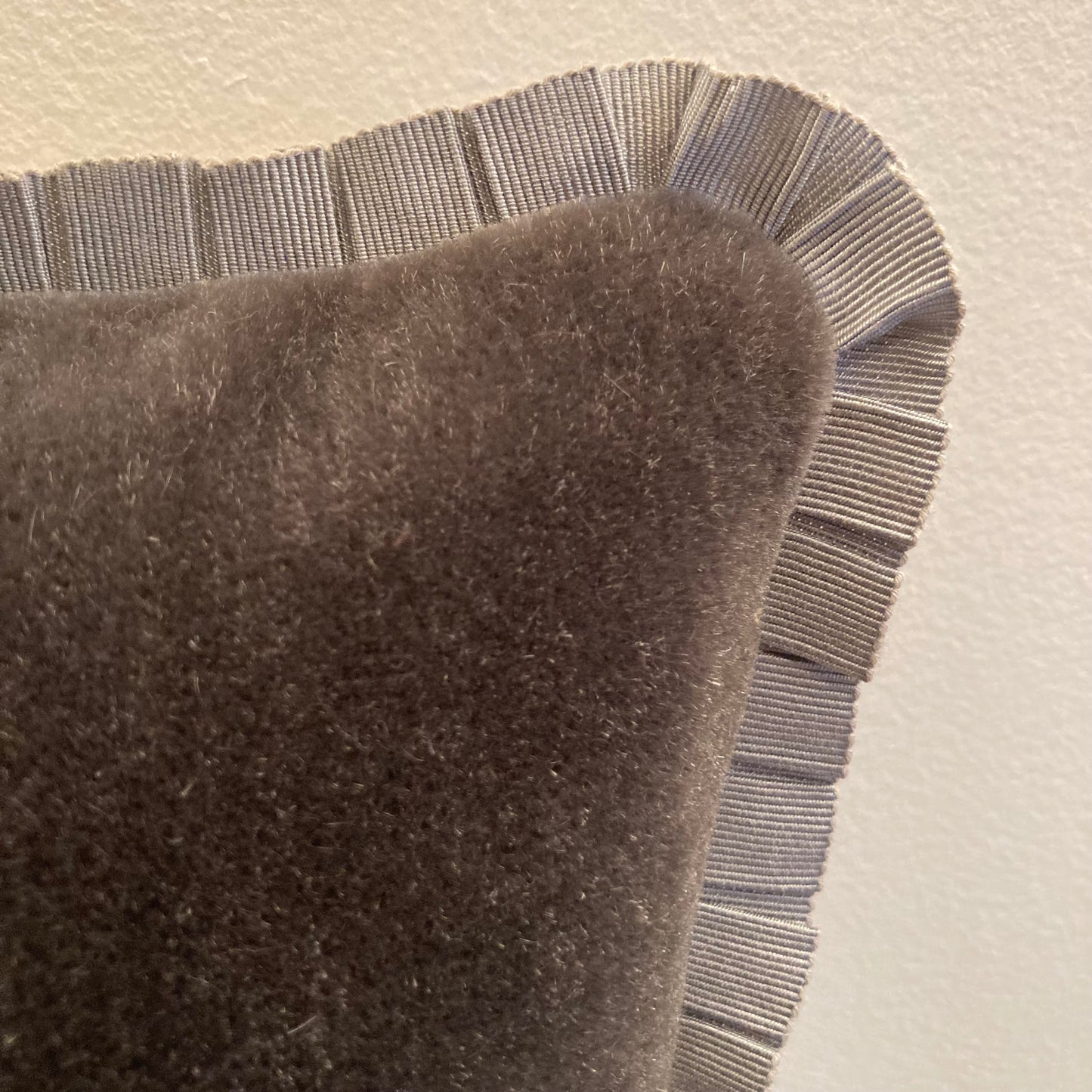 Orissa Embroidered Taupe and Charcoal Ikat Motif 14 x 14 Square Designer Pillow Trim Closeup with Down Feather Insert