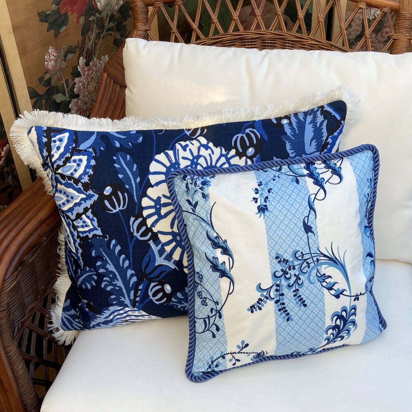 Bagatelle Serene Blue and White Trellis and Vine Stripe Decorative Pillow on Chair