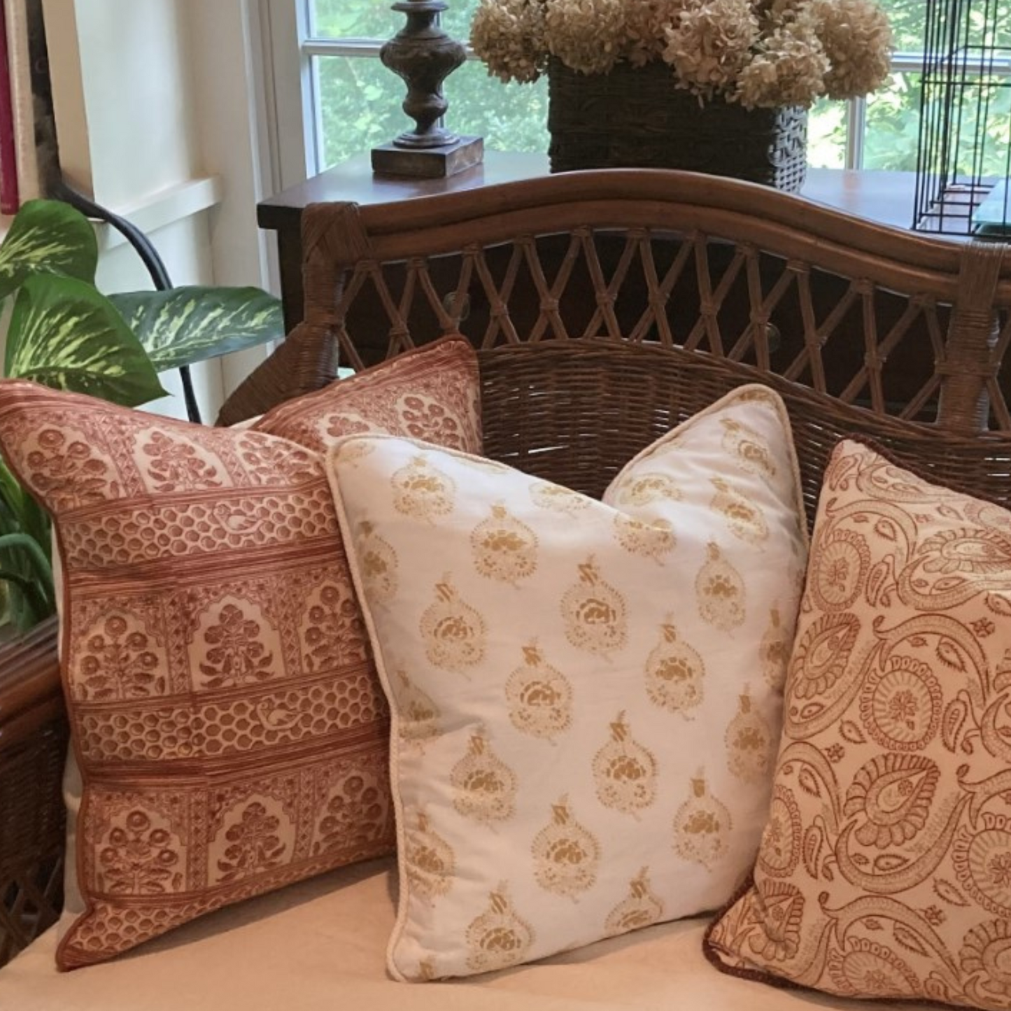 Pomegranate Hand Block Dijon Yellow Print Indiennes Pillow 20 X 20 Square Decorative Pillow with Down Feather Insert