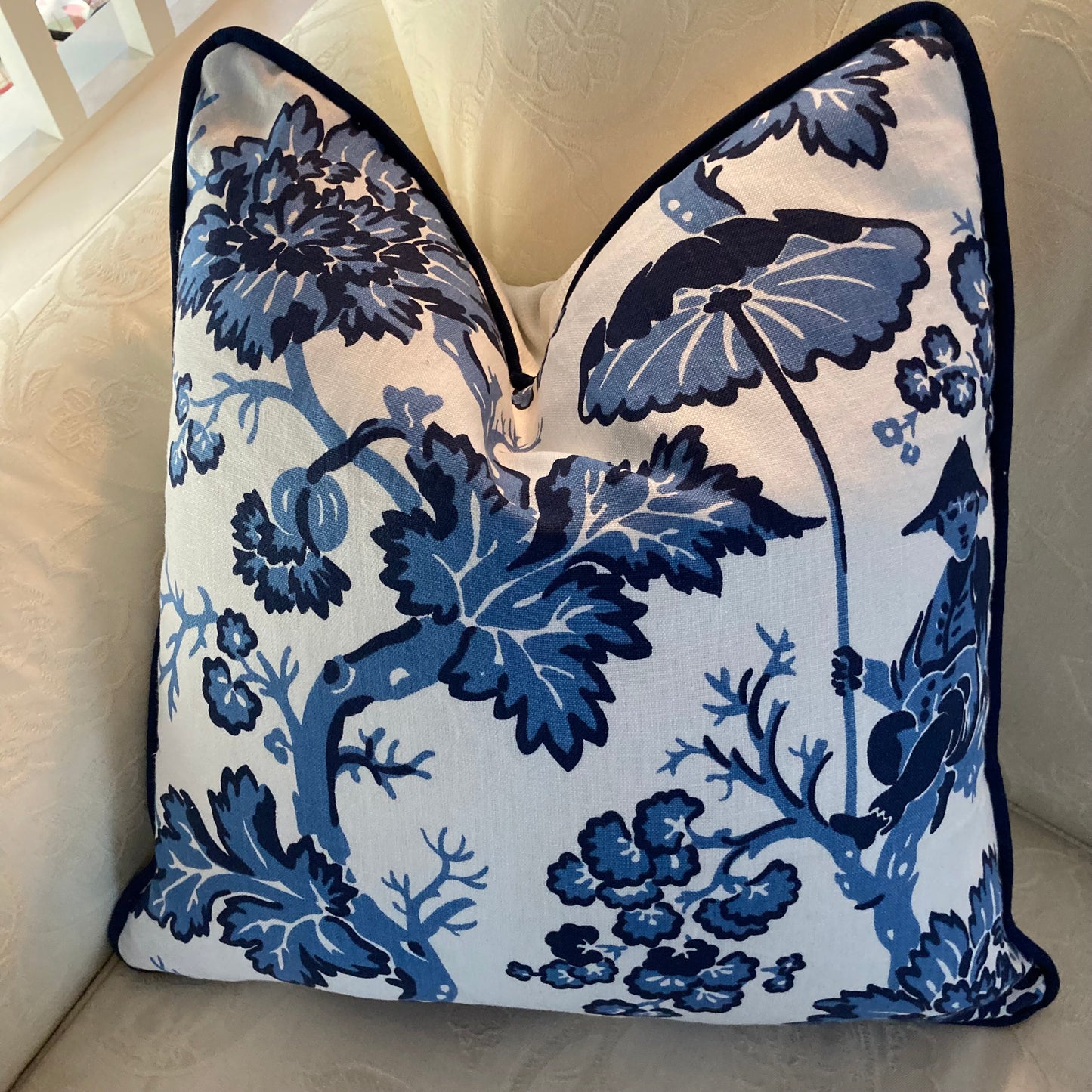Paradise Chinoiserie Blue & White Toile 20 x 20 Square Decorative Pillow with Down Feather Insert