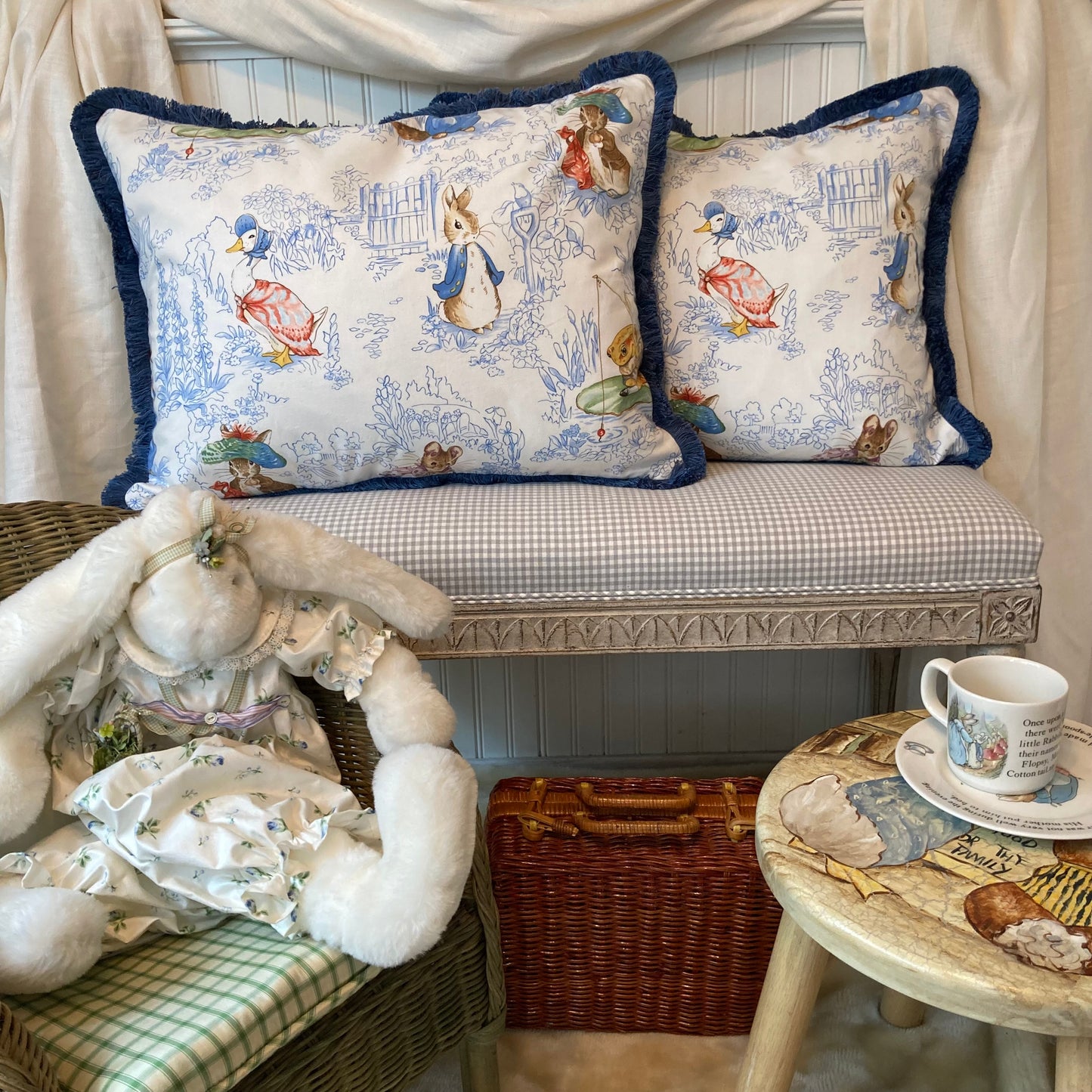 Rare Vintage Designer Peter Rabbit Blue Lumbar 17 x 21 Pillow with Down Feather Insert