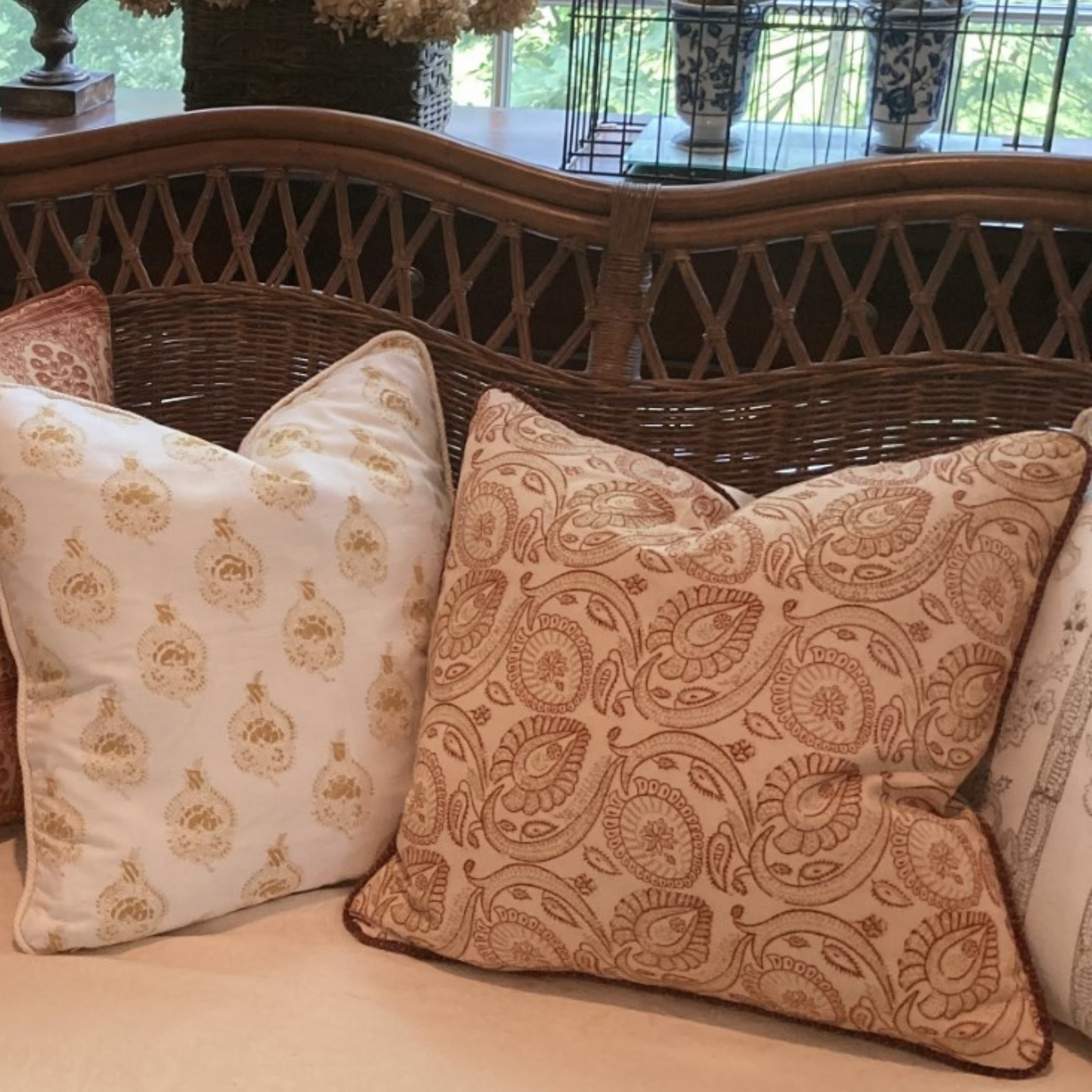 Paisley Hand Block Print Indiennes Pillow 20 X 20 Square Decorative Pillow with Down Feather Insert