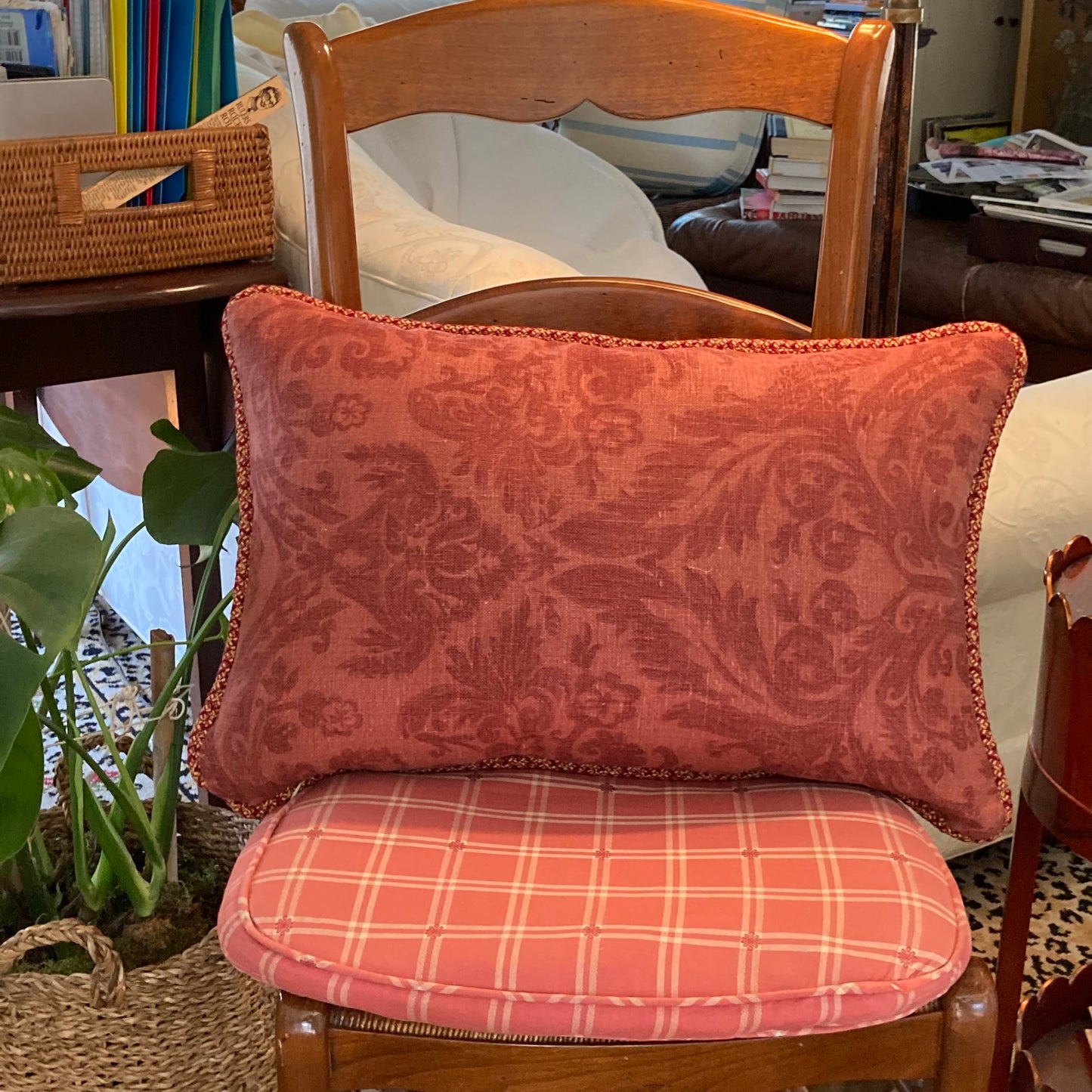 Vintage Country Hand Printed Paprika Red Toile 16 x 24 Rectangle Lumbar Pillow with Down Feather Insert