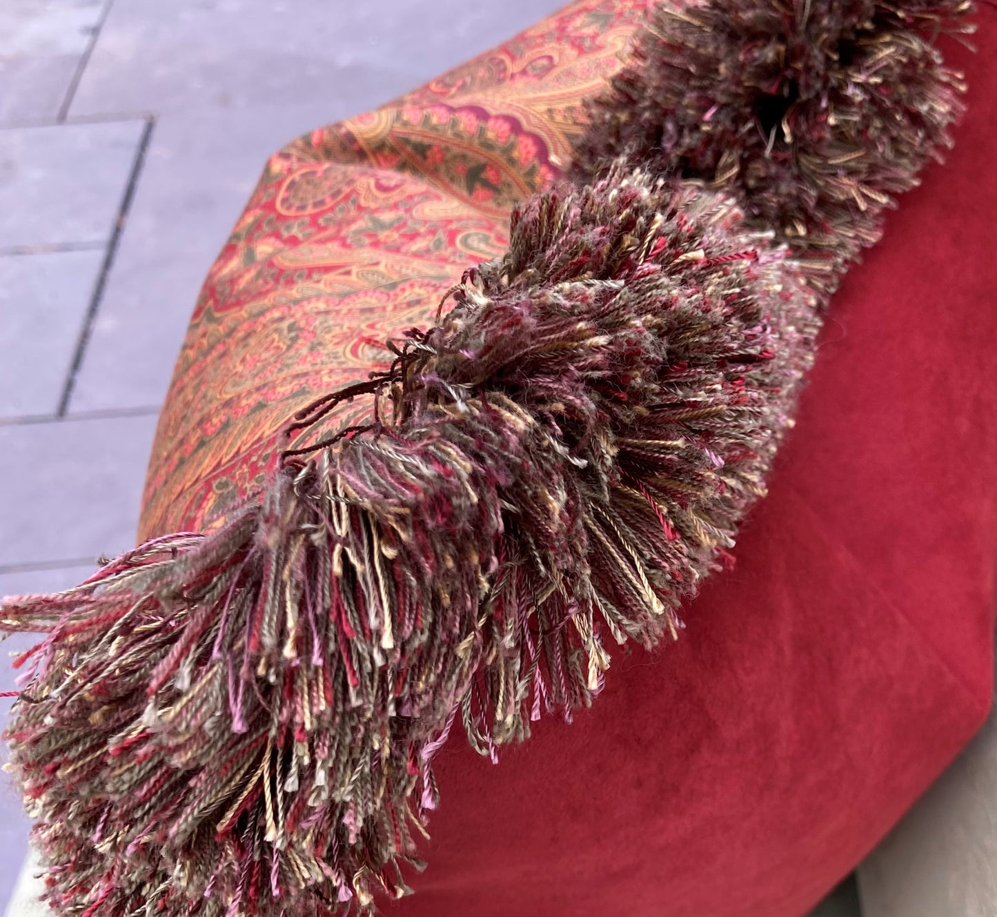 Traditional Crimson Velvet Paisley 21 x 21 Square Inches Decorative Pillow Detail with Down Feather Insert