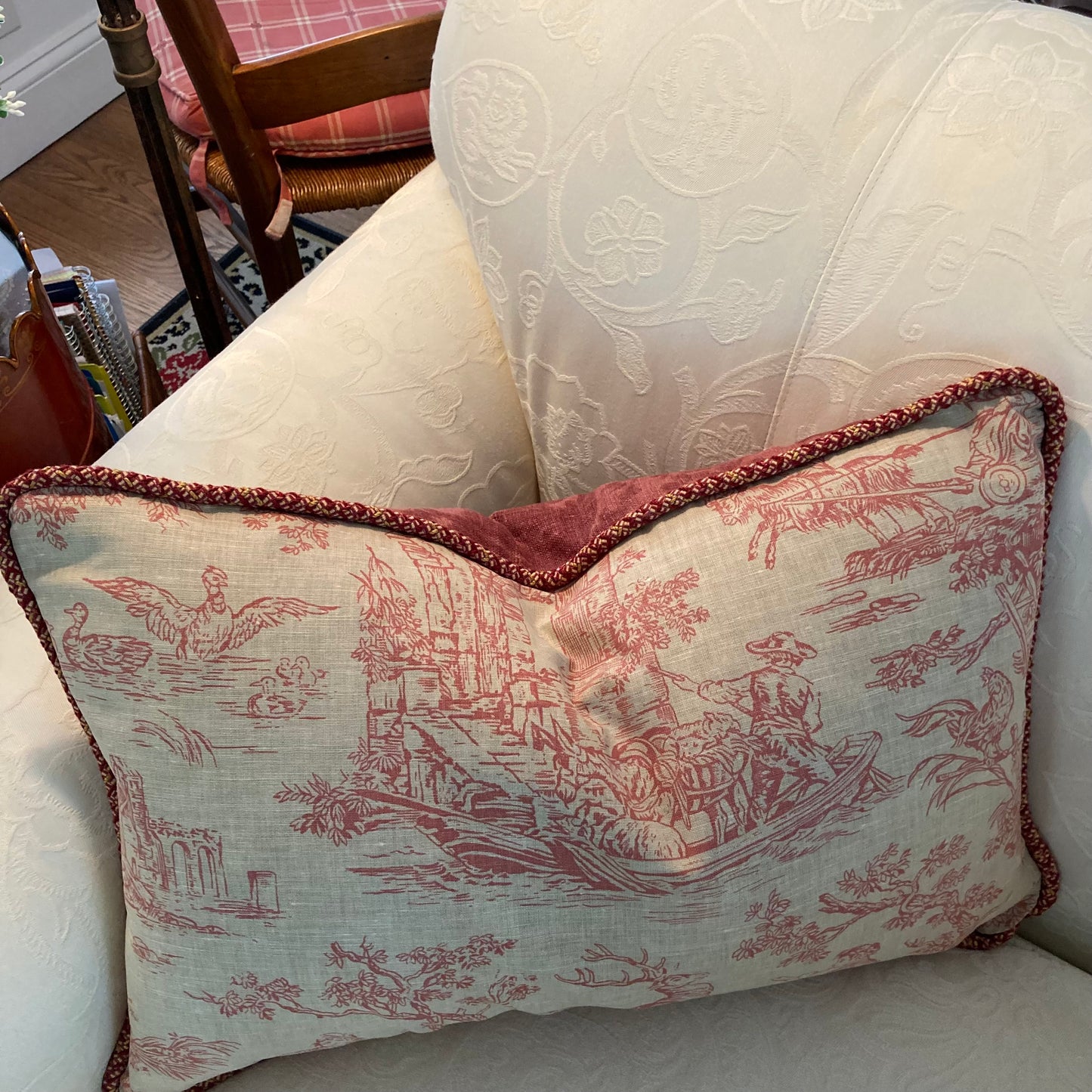 Vintage Country Hand Printed Paprika Red Toile 16 x 24 Rectangle Lumbar Pillow with Down Feather Insert