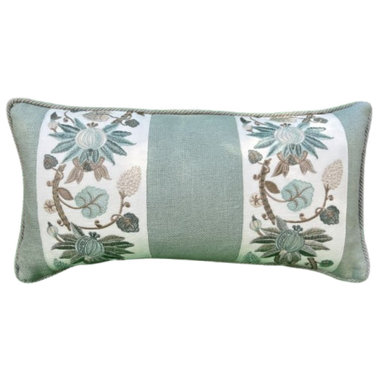 Embroidered Aqua Flora Panel 12 x 22 Decorative Pillow includes Down/ Feather insert