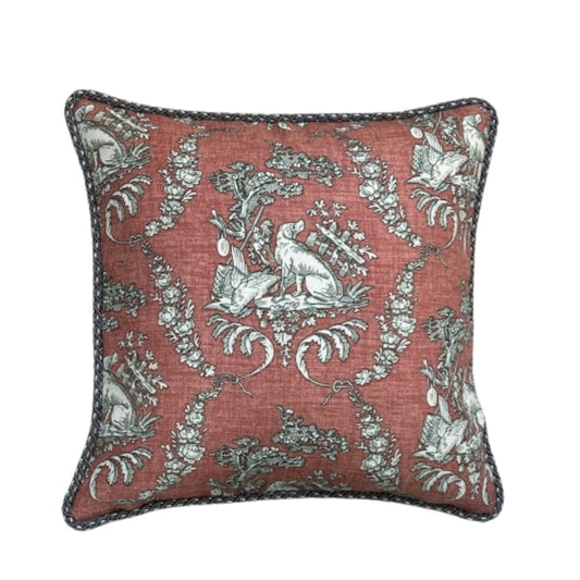 Hunting Toile Brunschwig Brick Red 16 x 16 Decorative Pillow with Down Feather Insert